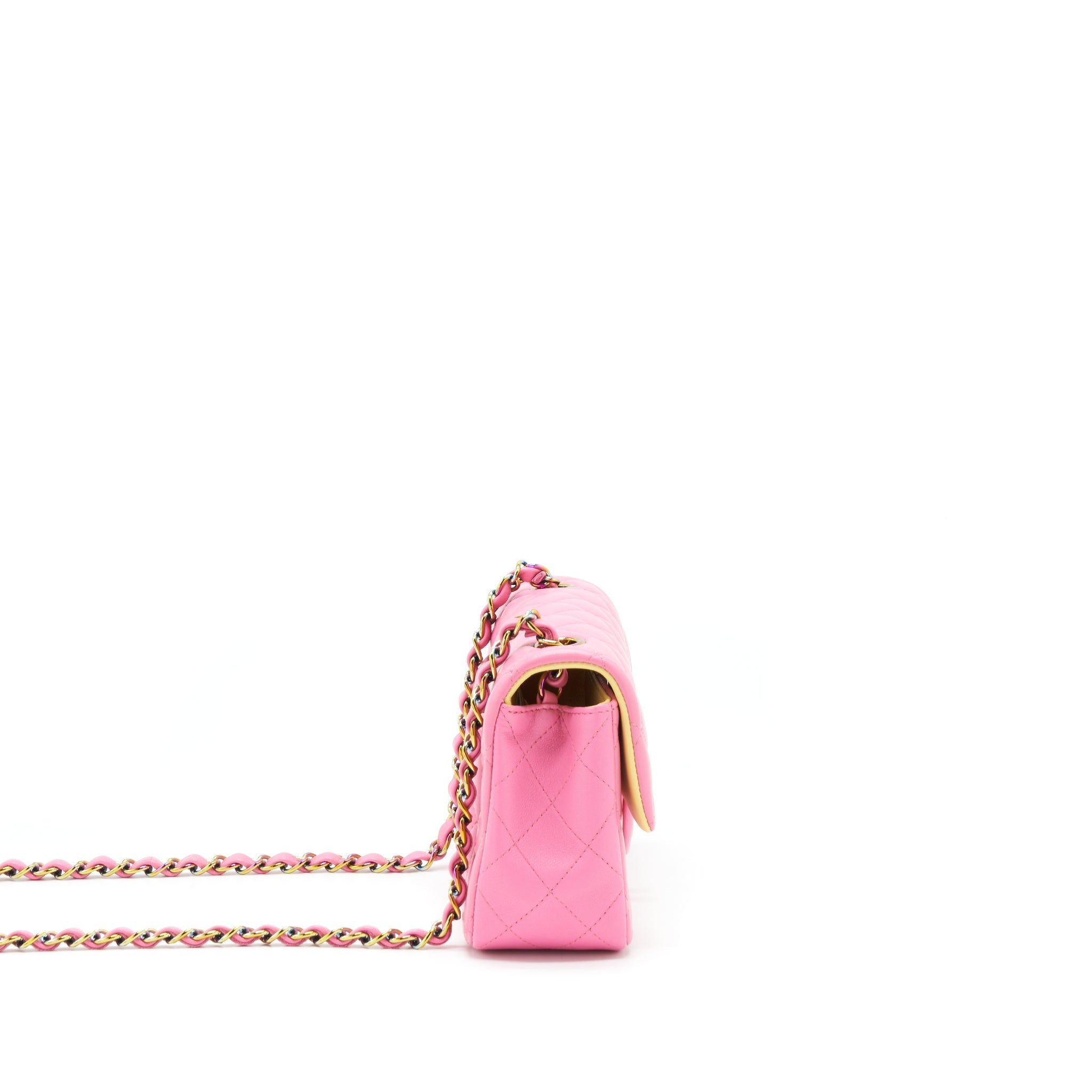 CHANEL MINI RECTANGULAR FLAP BAG LAMBSKIN PINK WITH RAINBOW HARDWARE