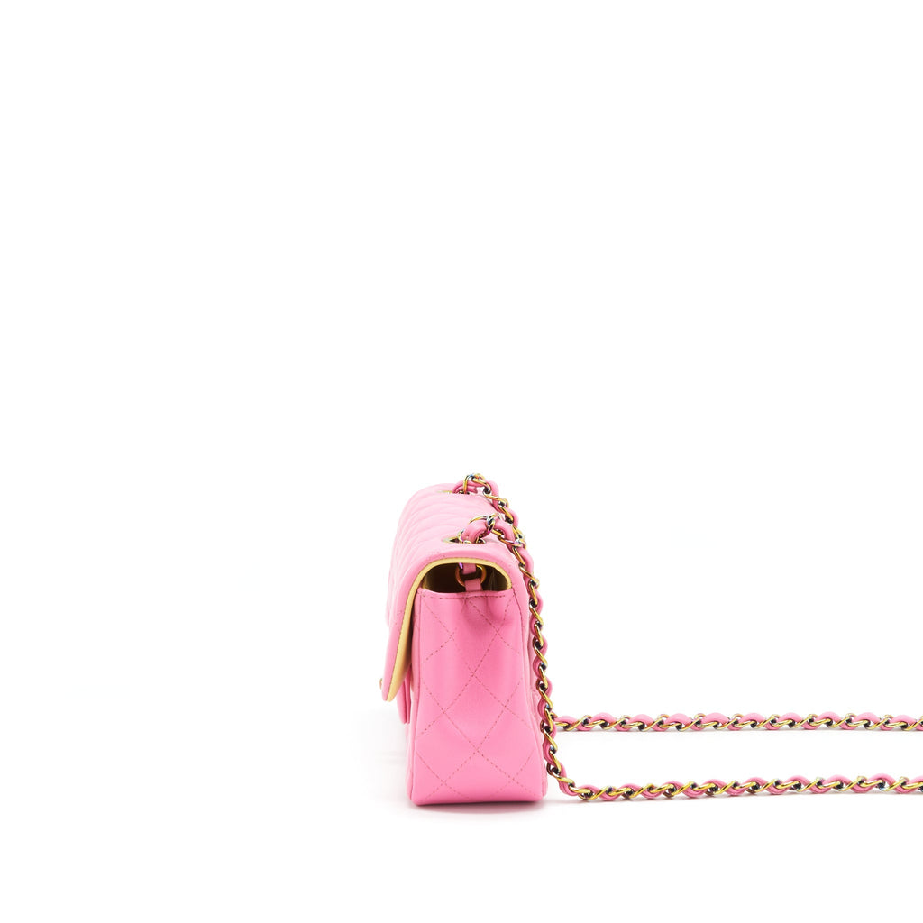CHANEL MINI RECTANGULAR FLAP BAG LAMBSKIN PINK WITH RAINBOW HARDWARE