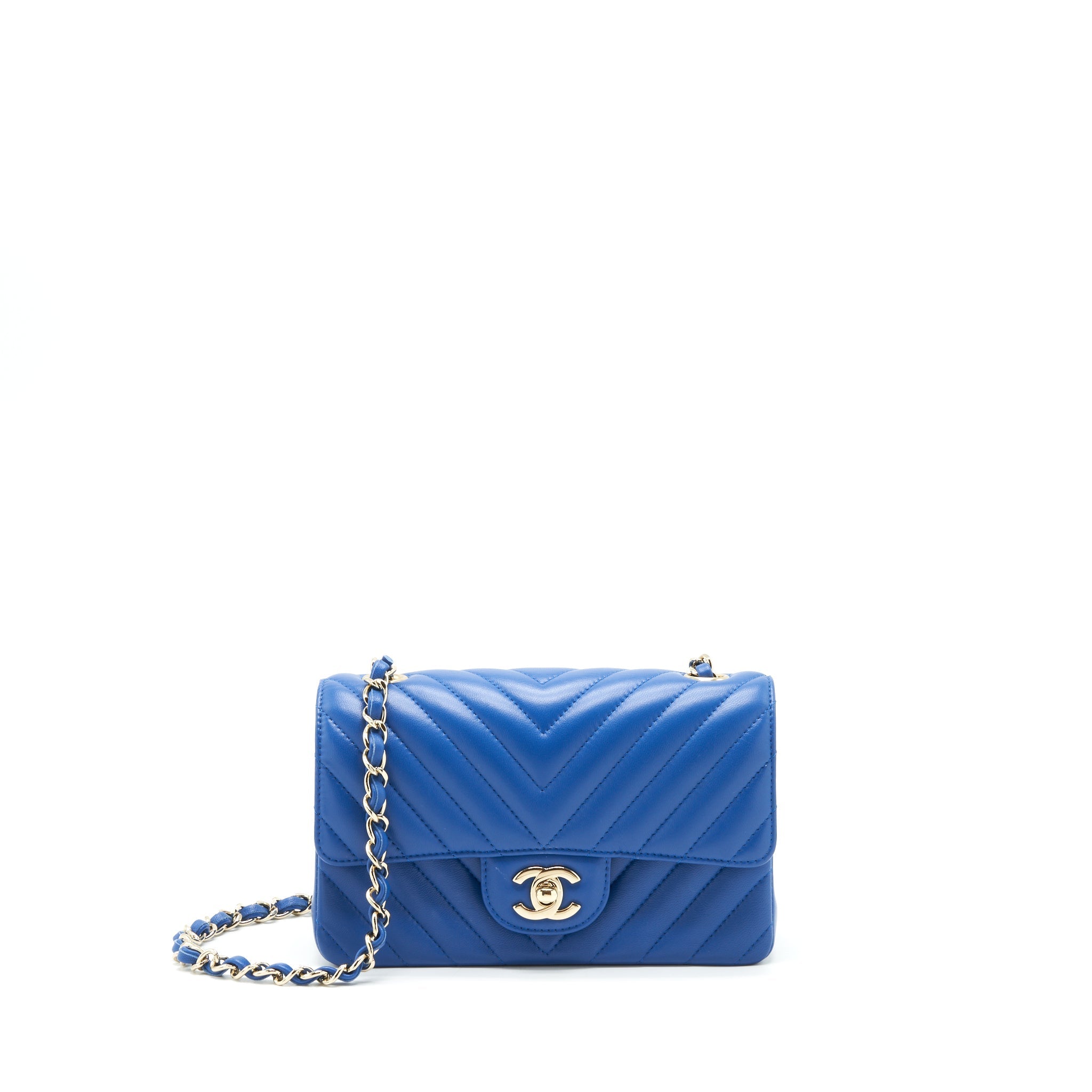 CHANEL MINI RECTANGULAR FLAP BAG CHEVRON LAMBSKIN BLUE LGHW