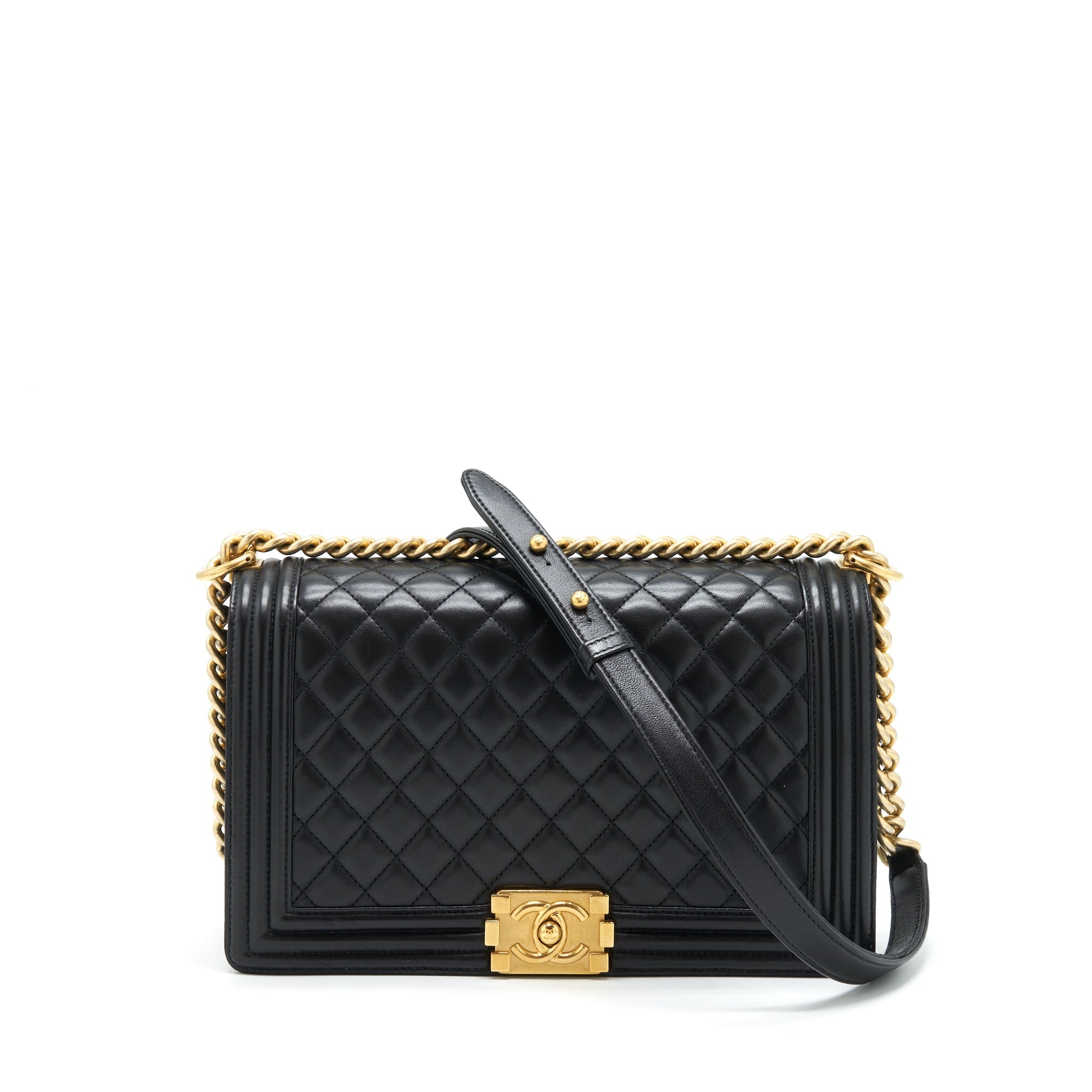 CHANEL BOY BAG NEW MEDIUM (28CM) LAMBSKIN BLACK RUTHENIUM GHW