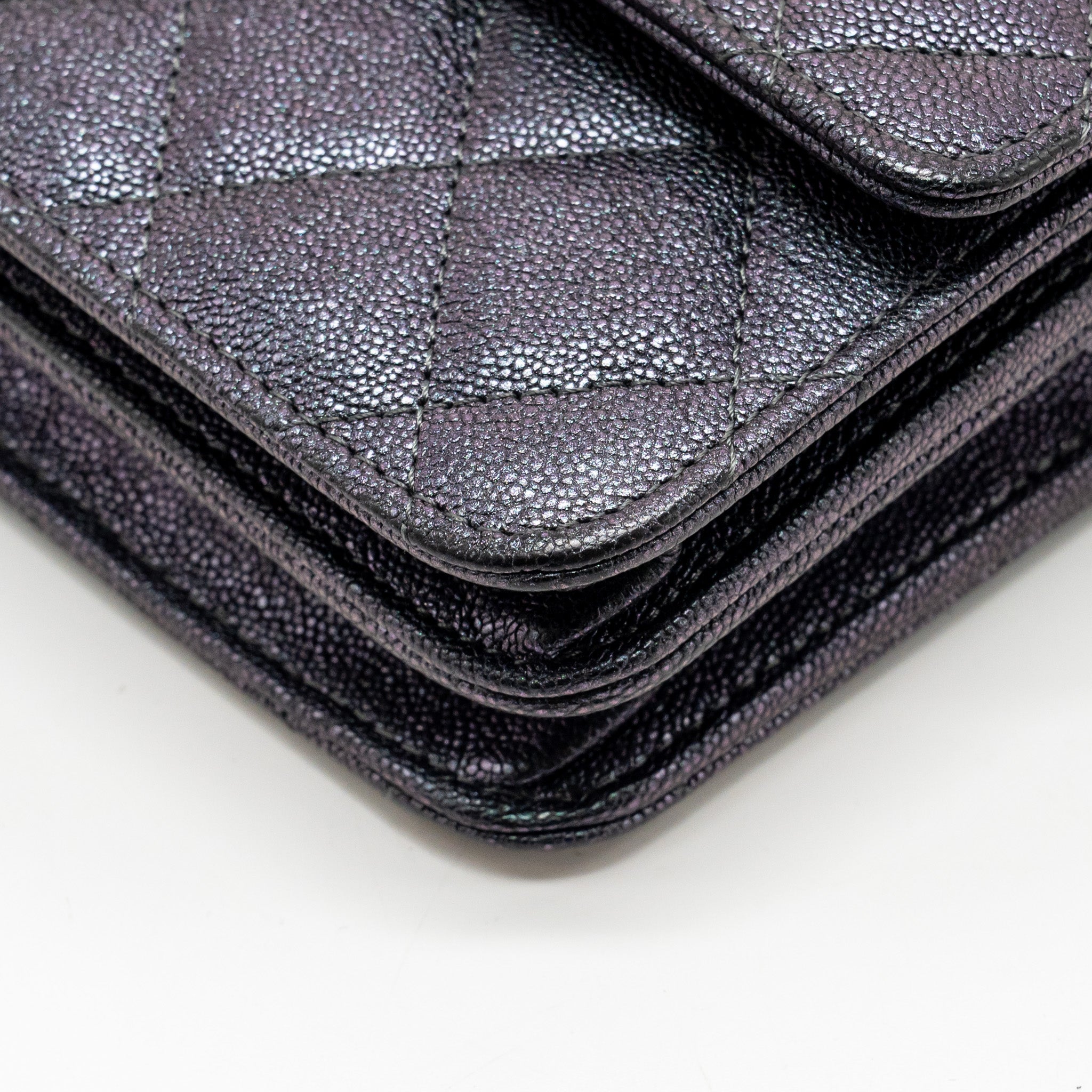 CHANEL QUILTED SQUARE WALLET WITH CHAIN CAVIAR IRIDESCENT BLACK LGHW
