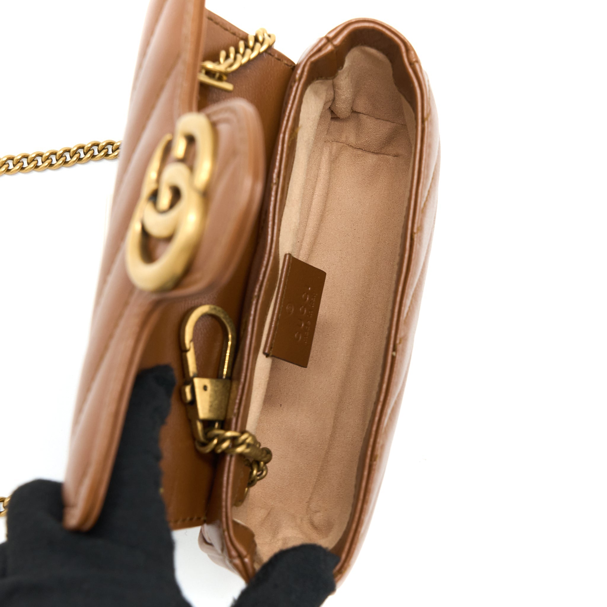 GUCCI GG MARMONT SUPER MINI CALFSKIN CARAMEL GHW