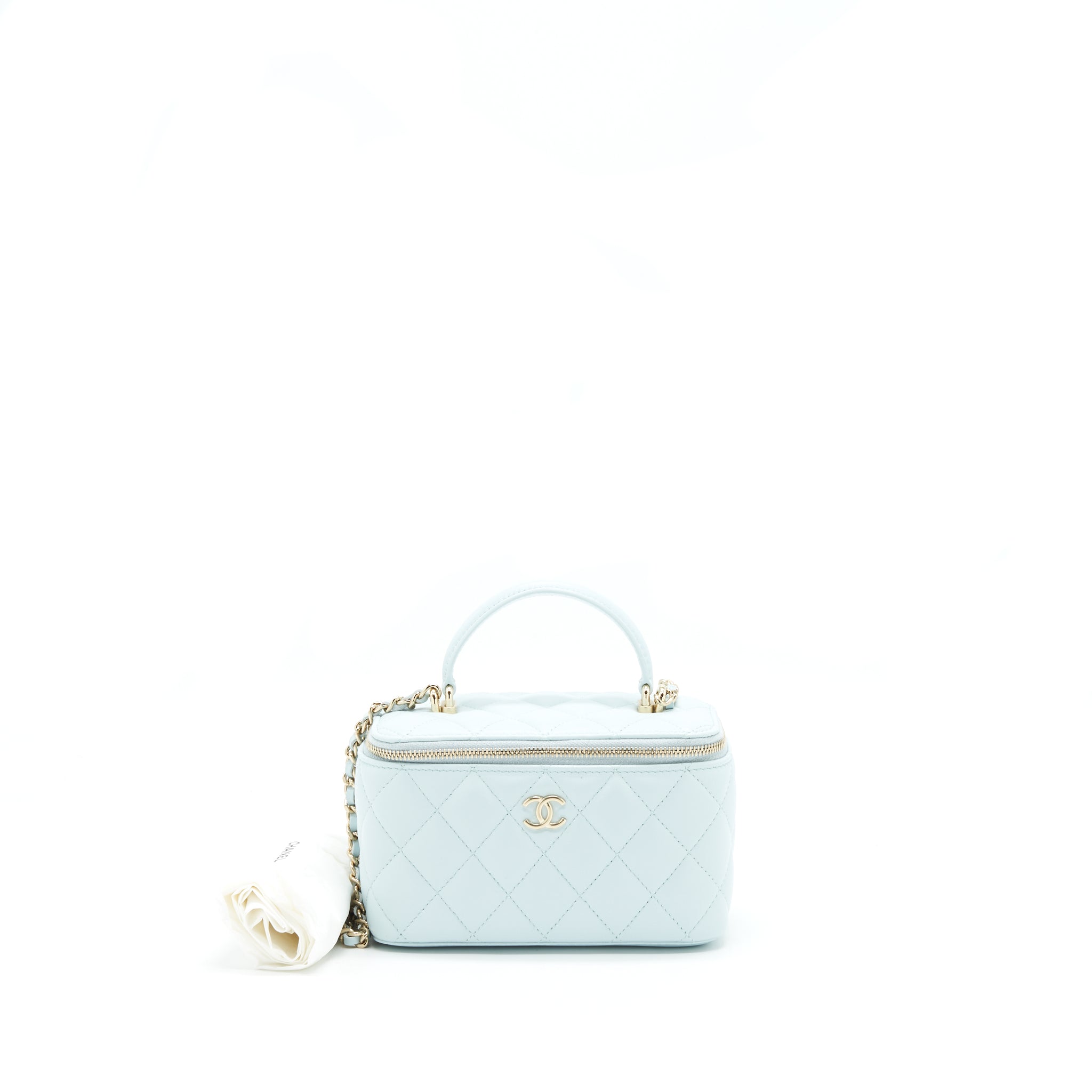 CHANEL 21K RECTANGULAR TOP HANDLE VANITY WITH CHAIN BABY BLUE LGHW