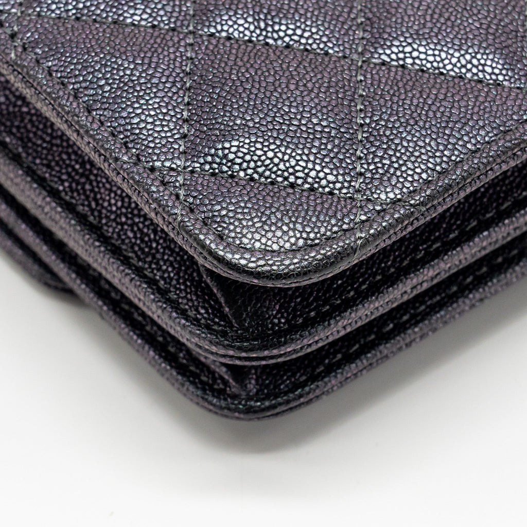 CHANEL QUILTED SQUARE WALLET WITH CHAIN CAVIAR IRIDESCENT BLACK LGHW
