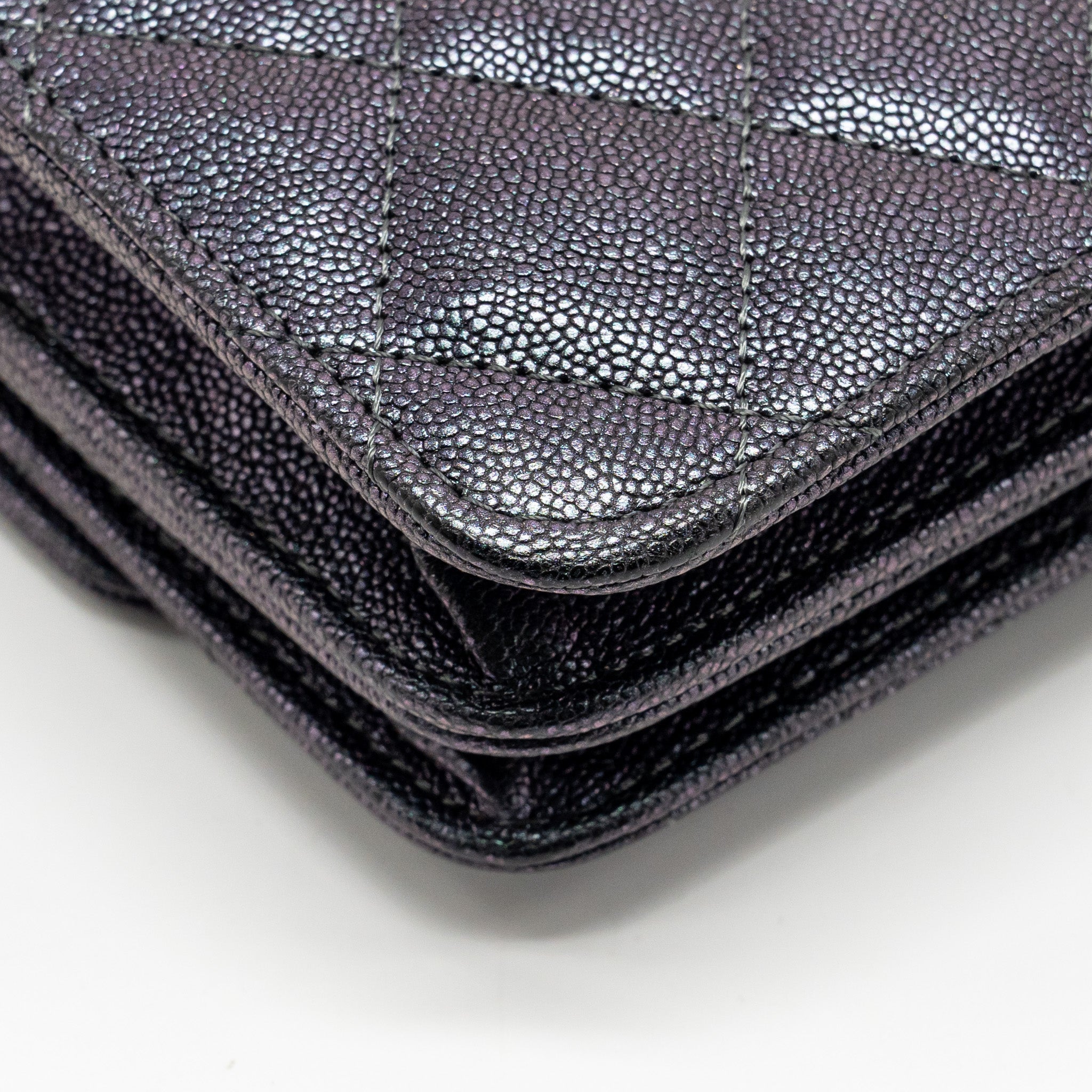 CHANEL QUILTED SQUARE WALLET WITH CHAIN CAVIAR IRIDESCENT BLACK LGHW
