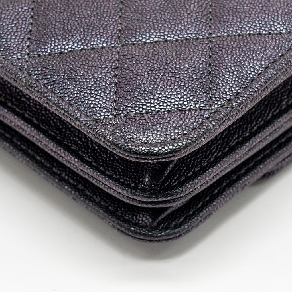 CHANEL QUILTED SQUARE WALLET WITH CHAIN CAVIAR IRIDESCENT BLACK LGHW