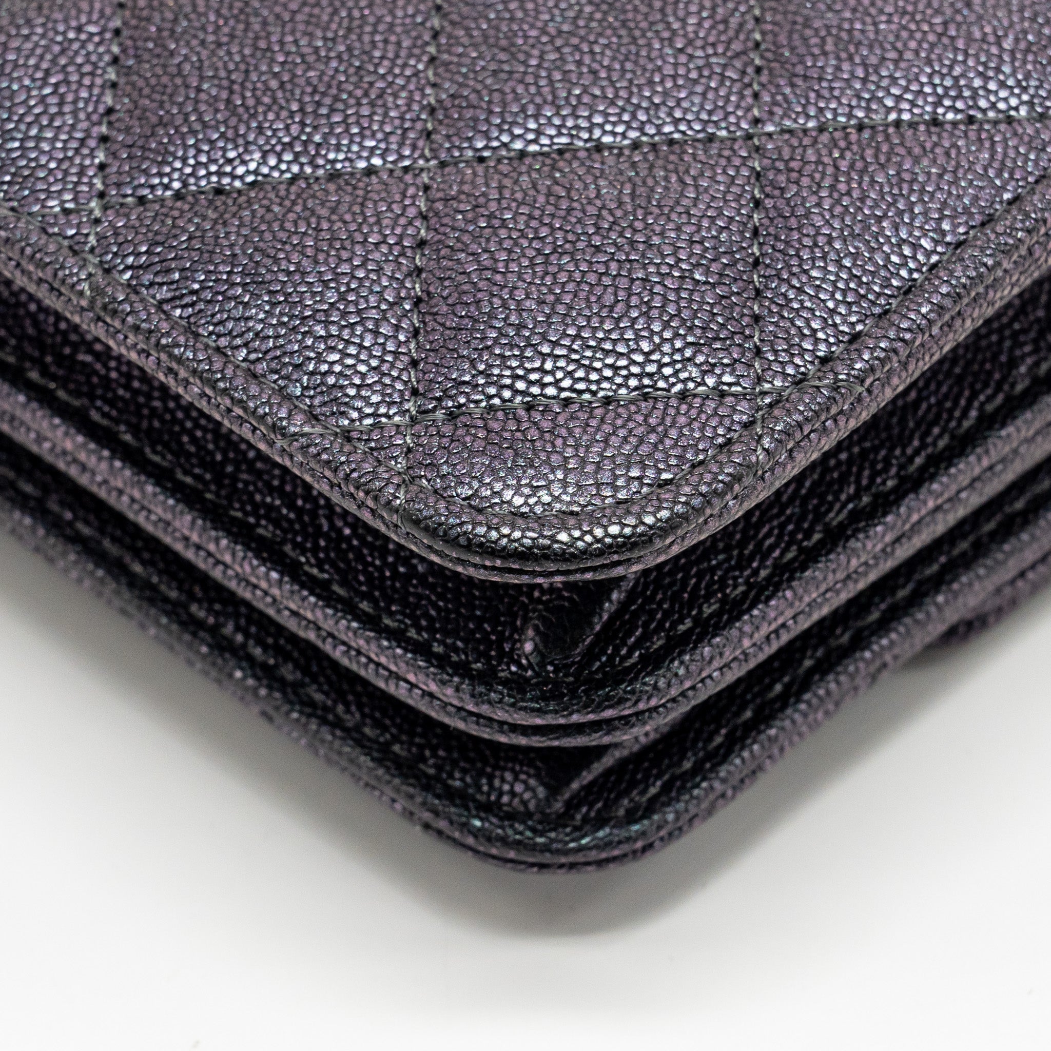 CHANEL QUILTED SQUARE WALLET WITH CHAIN CAVIAR IRIDESCENT BLACK LGHW