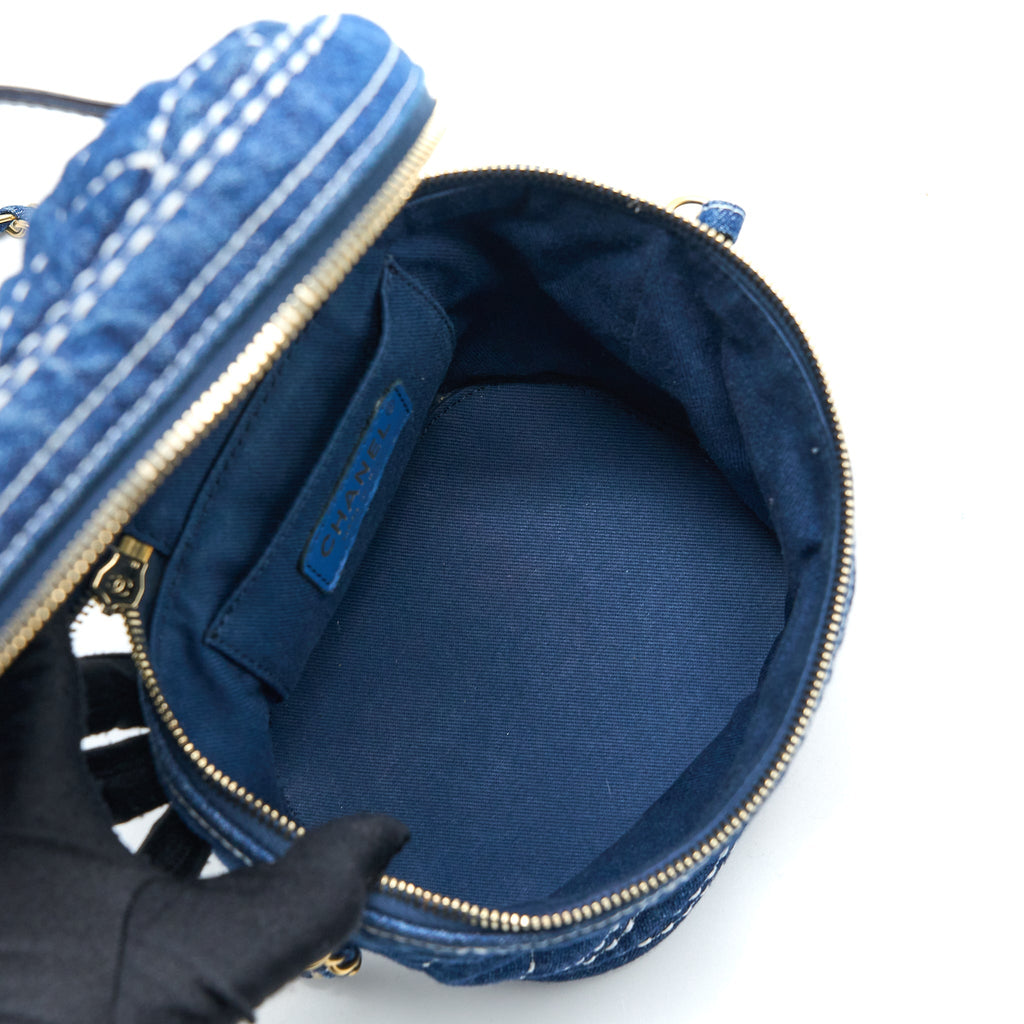 CHANEL TOP HANDLE CROSSBODY VANITY CASE DENIM BLUE BRUSHED GHW