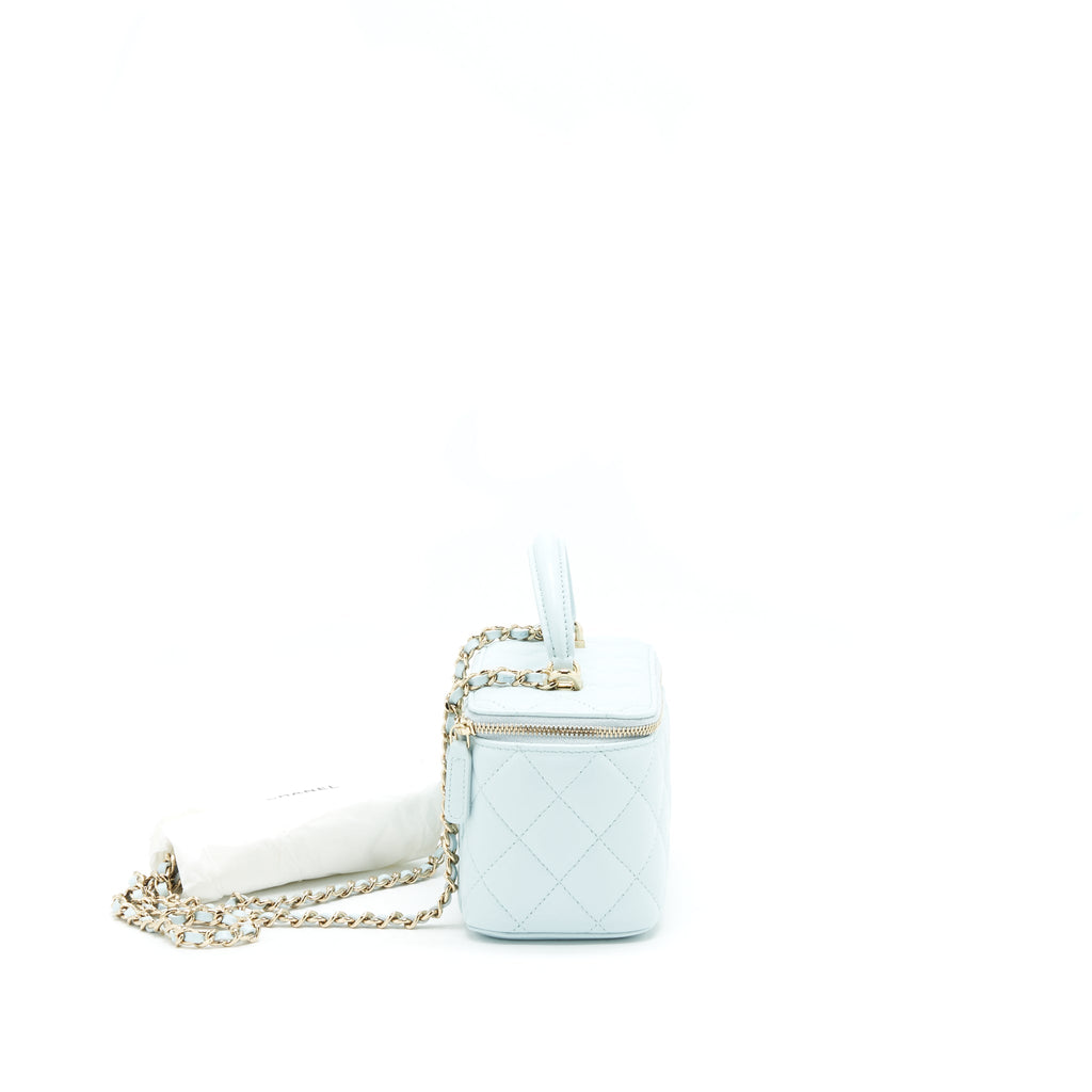 CHANEL 21K RECTANGULAR TOP HANDLE VANITY WITH CHAIN BABY BLUE LGHW