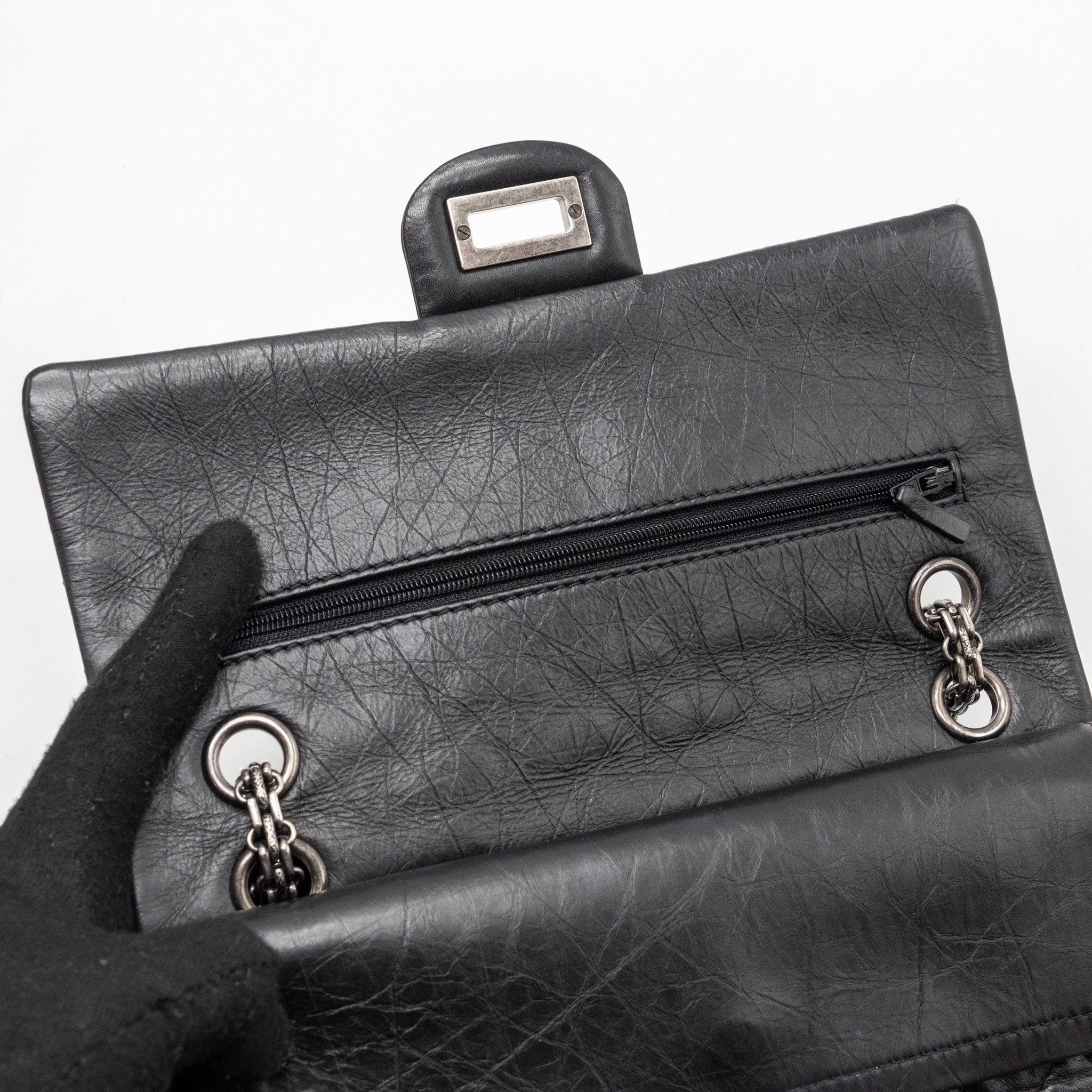 CHANEL SMALL 2.55 REISSUE FLAP BAG AGED CALFSKIN BLACK RUTHENIUM HARDWARE
