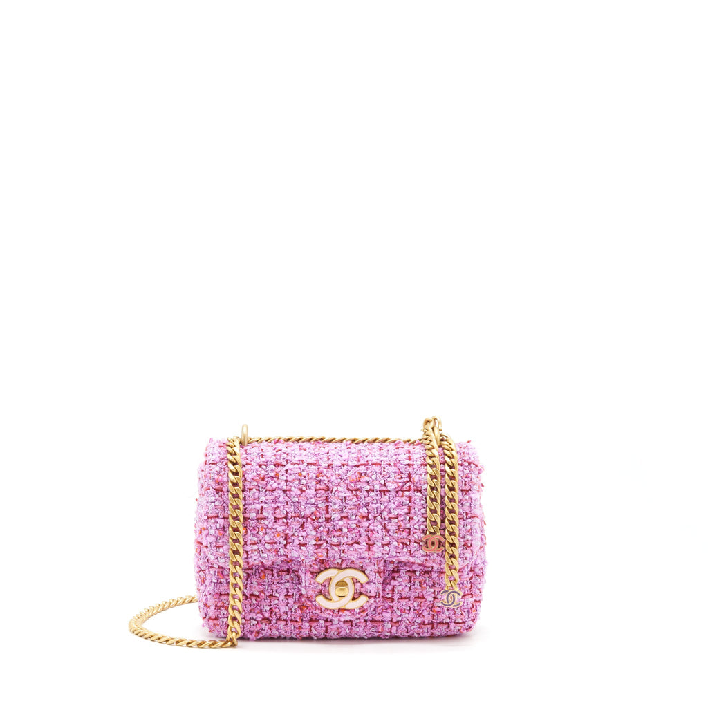 CHANEL 22P MINI SQUARE FLAP BAG TWEED PINK GOLD/PINK HARDWARE