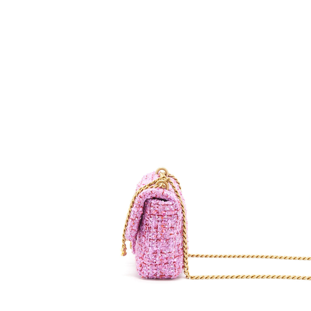CHANEL 22P MINI SQUARE FLAP BAG TWEED PINK GOLD/PINK HARDWARE