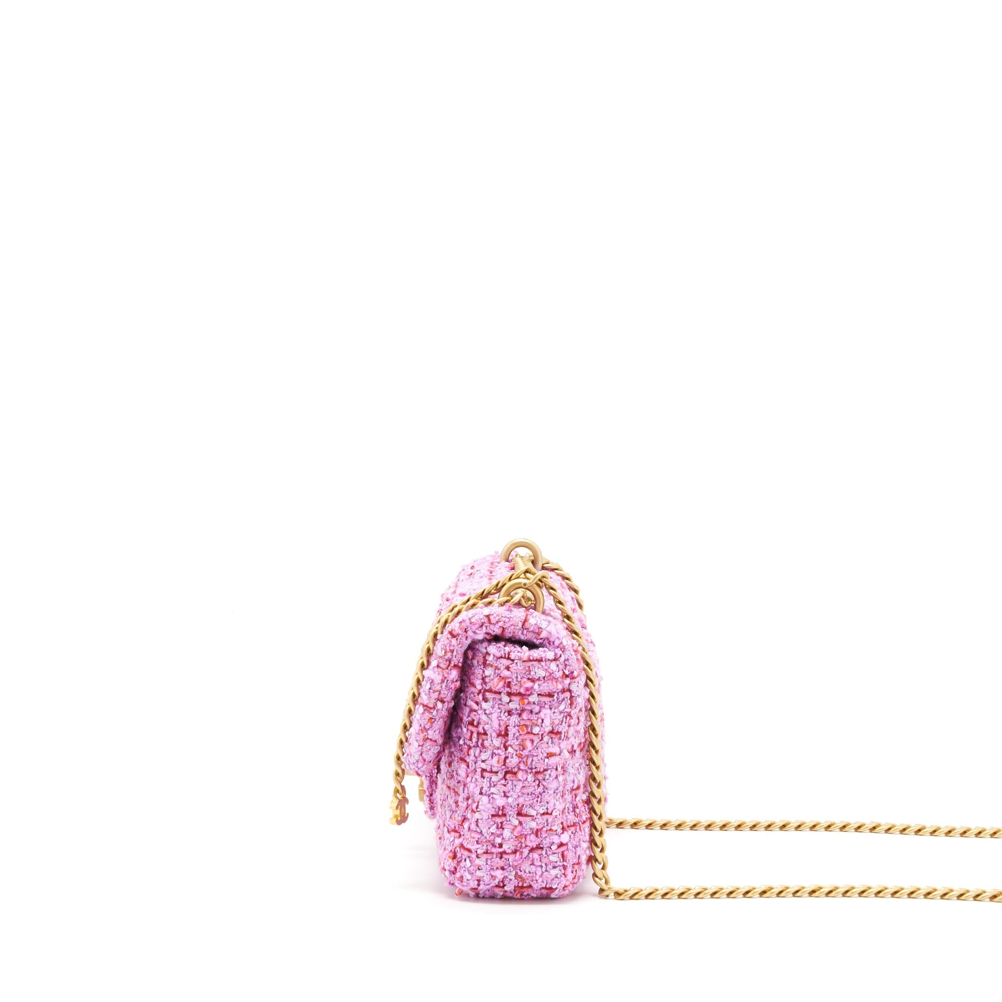 CHANEL 22P MINI SQUARE FLAP BAG TWEED PINK GOLD/PINK HARDWARE