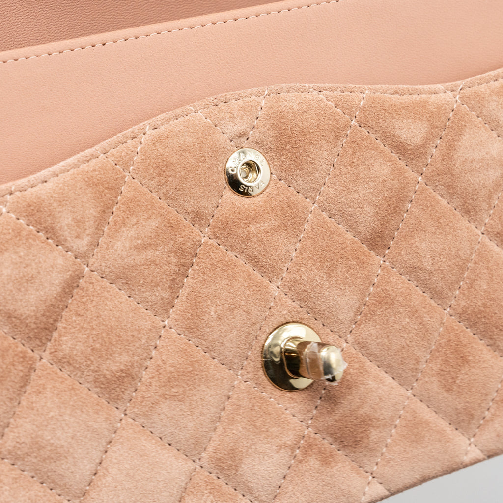CHANEL MEDIUM CLASSIC DOUBLE FLAP BAG SUEDE LEATHER LIGHT BROWN LGHW (MICROCHIP )