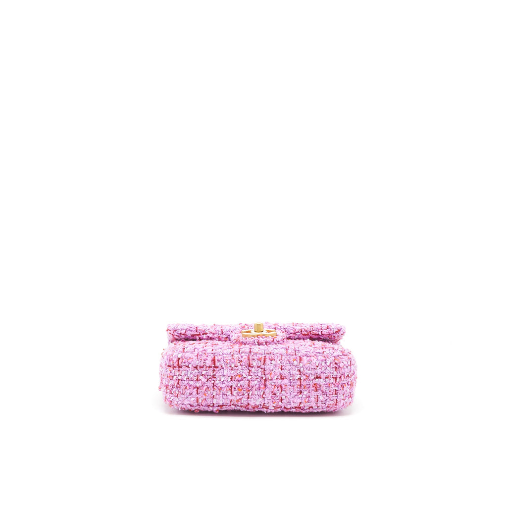 CHANEL 22P MINI SQUARE FLAP BAG TWEED PINK GOLD/PINK HARDWARE