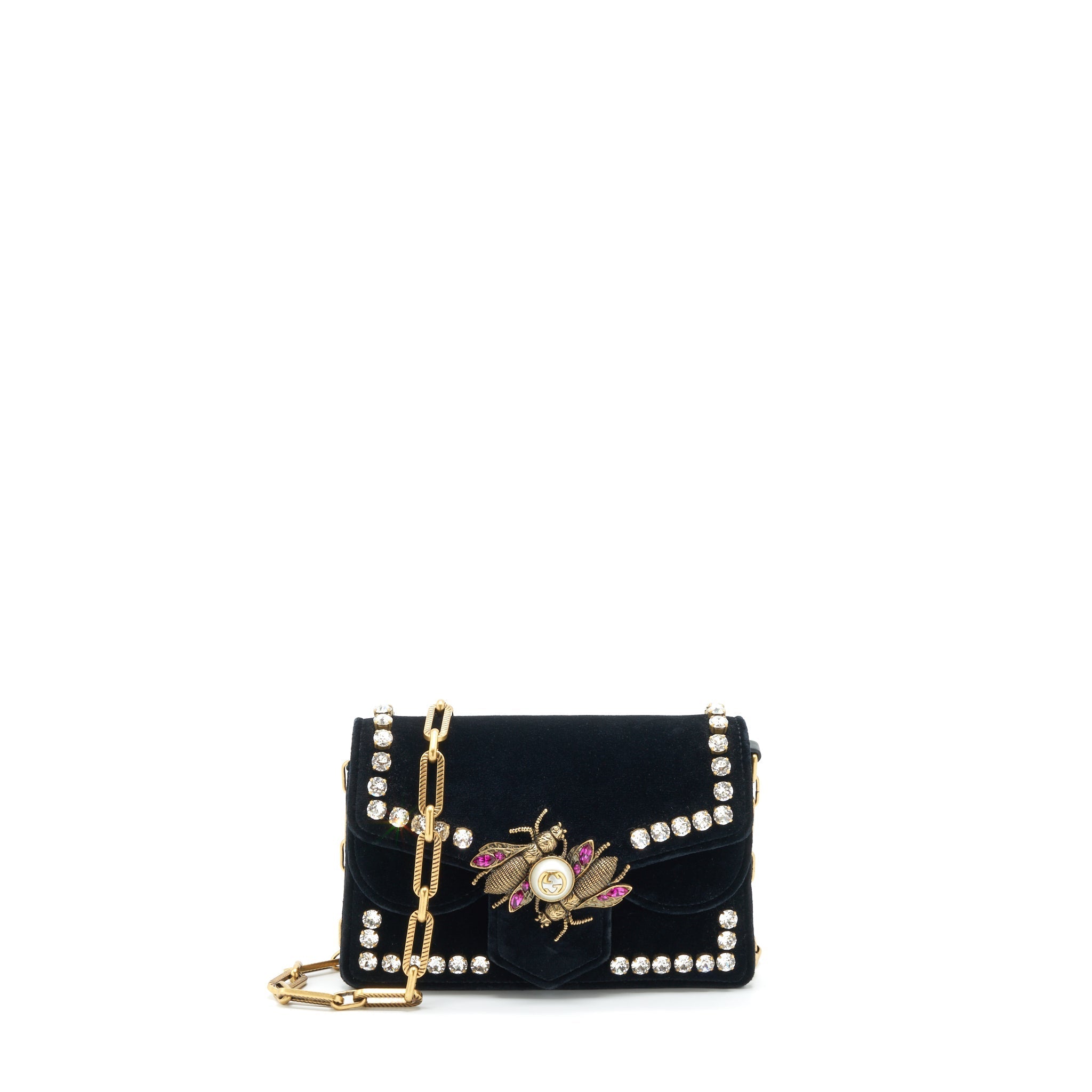 GUCCI MINI BROADWAY CROSSBODY BAG CRYSTAL VELVET BLACK RUTHENIUM GOLD HARDWARE