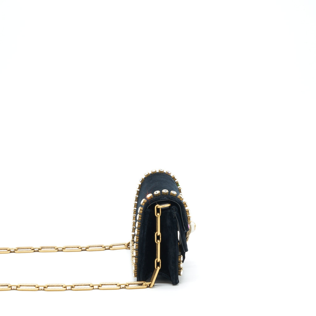GUCCI MINI BROADWAY CROSSBODY BAG CRYSTAL VELVET BLACK RUTHENIUM GOLD HARDWARE