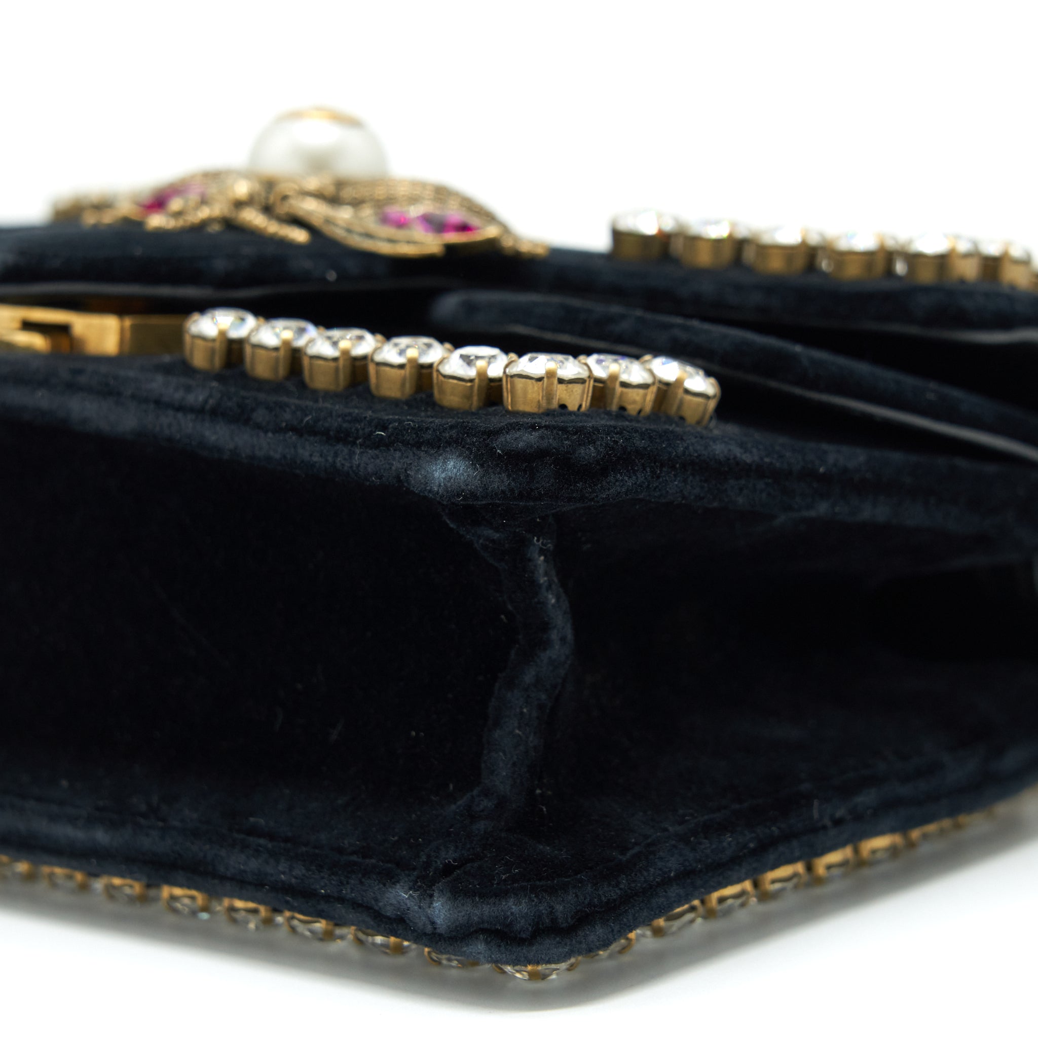 GUCCI MINI BROADWAY CROSSBODY BAG CRYSTAL VELVET BLACK RUTHENIUM GOLD HARDWARE
