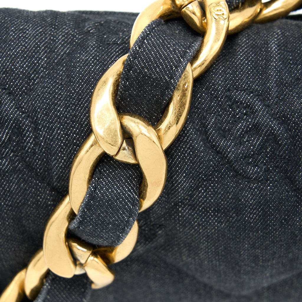 CHANEL FLAP SHOULDER BAG WITH GIANT CHAIN DENIM DARK BLUE BRUSHED GHW (MICROCHIP)
