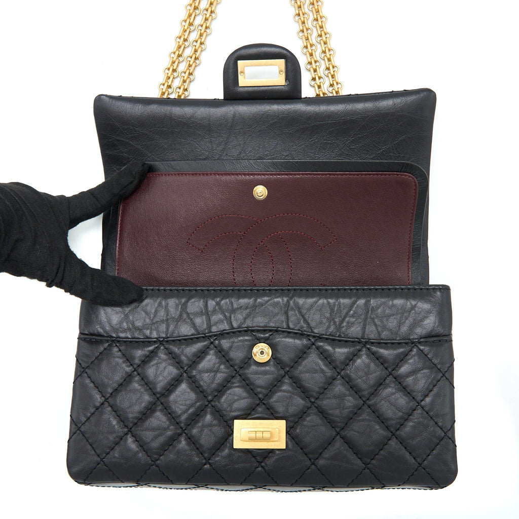 CHANEL SMALL 2.55 REISSUE FLAP BAG AGED CALFSKIN BLACK BRUSHED GHW (MICROCHIP)