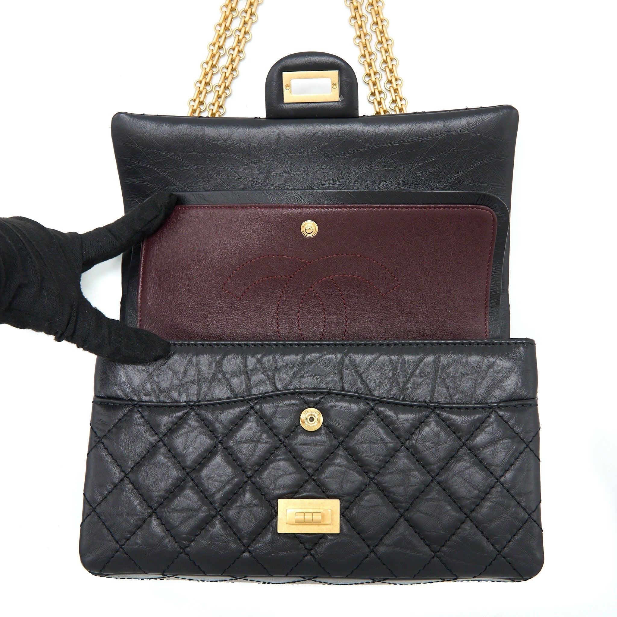 CHANEL SMALL 2.55 REISSUE FLAP BAG AGED CALFSKIN BLACK BRUSHED GHW (MICROCHIP)