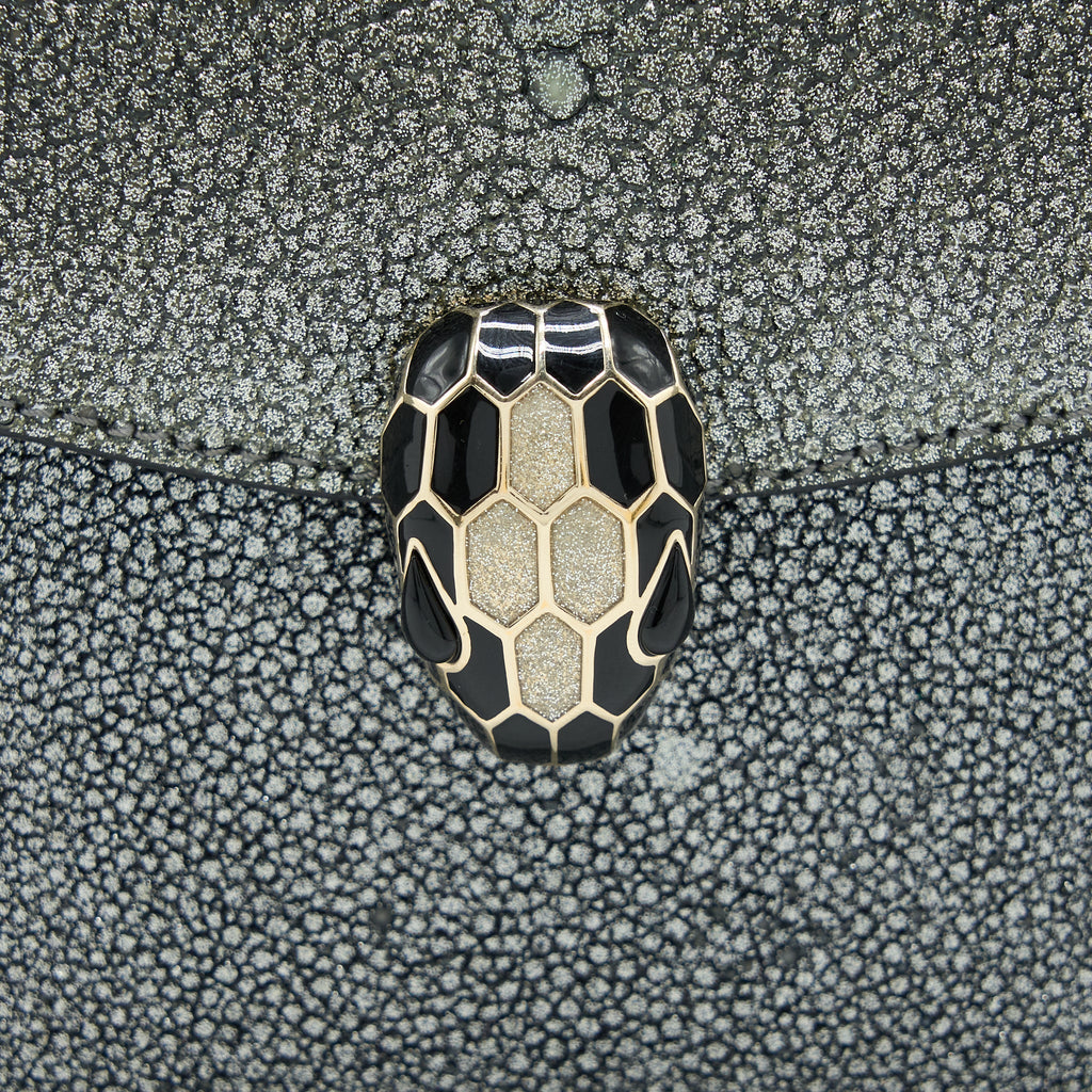 BVLGARI SERPENTI FOREVER CLUTCH WITH CHAIN STINGRAY LEATHER GREY LGHW