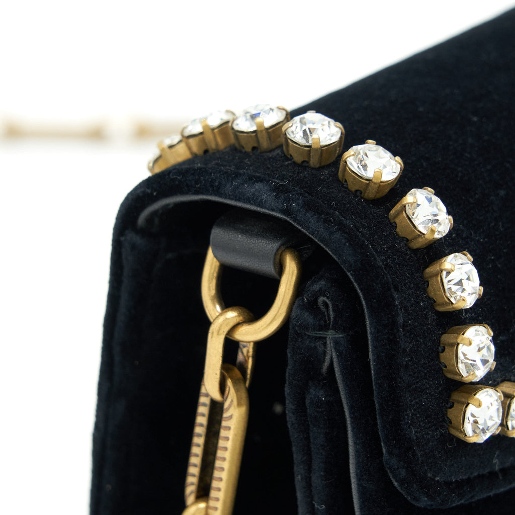 GUCCI MINI BROADWAY CROSSBODY BAG CRYSTAL VELVET BLACK RUTHENIUM GOLD HARDWARE
