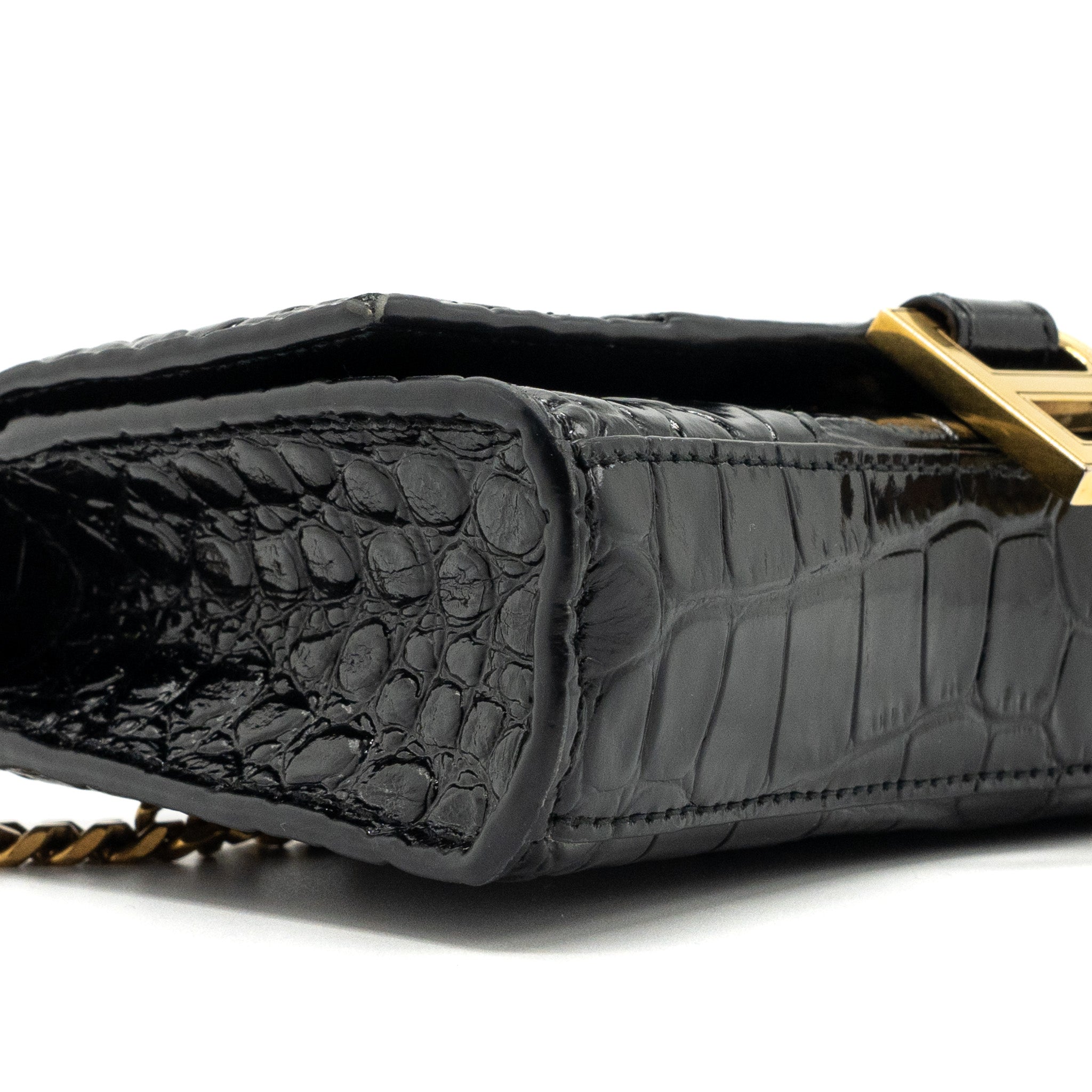 BALENCIAGA HOURGLASS WALLET ON CHAIN CROC EMBOSSED CALFSKIN BLACK GHW
