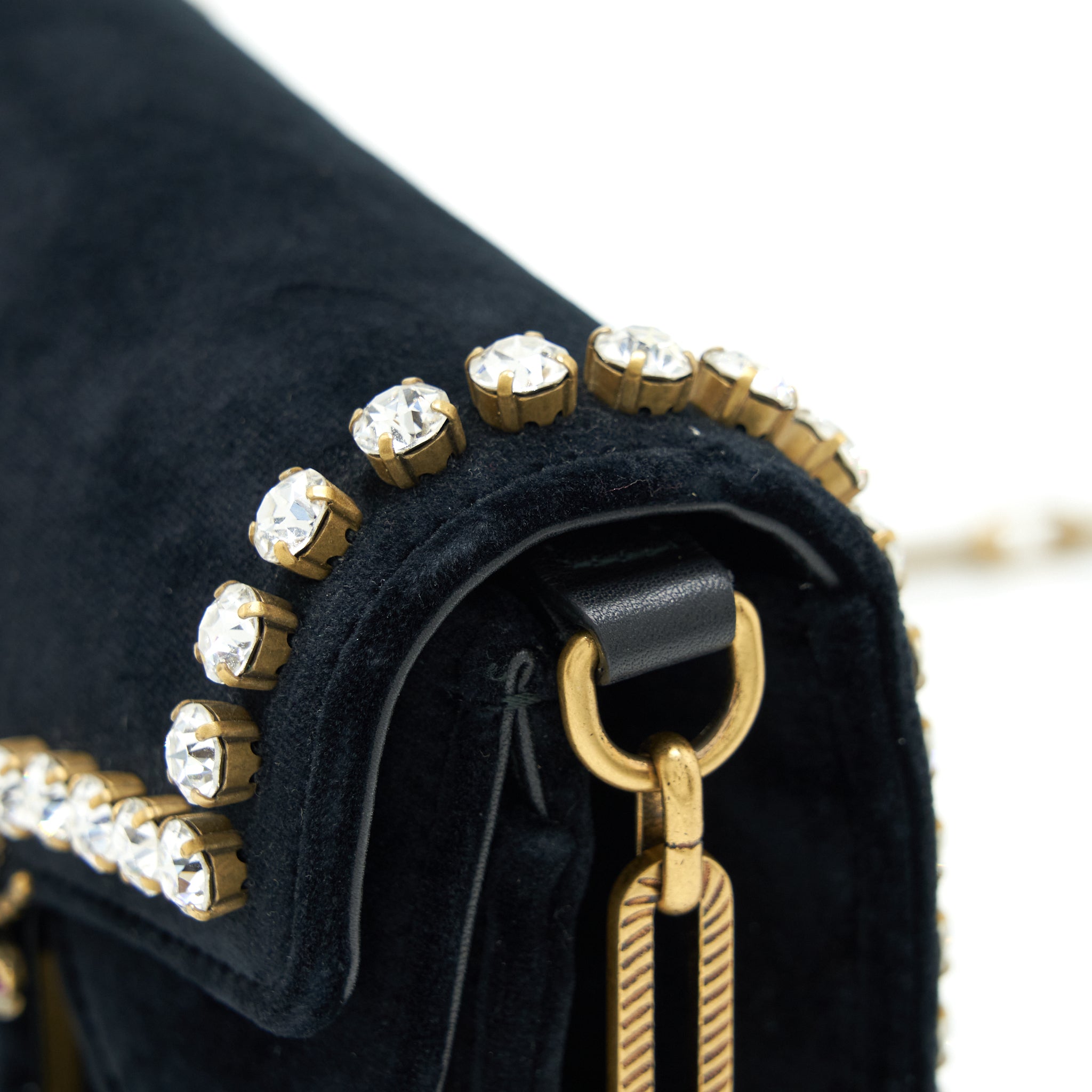 GUCCI MINI BROADWAY CROSSBODY BAG CRYSTAL VELVET BLACK RUTHENIUM GOLD HARDWARE