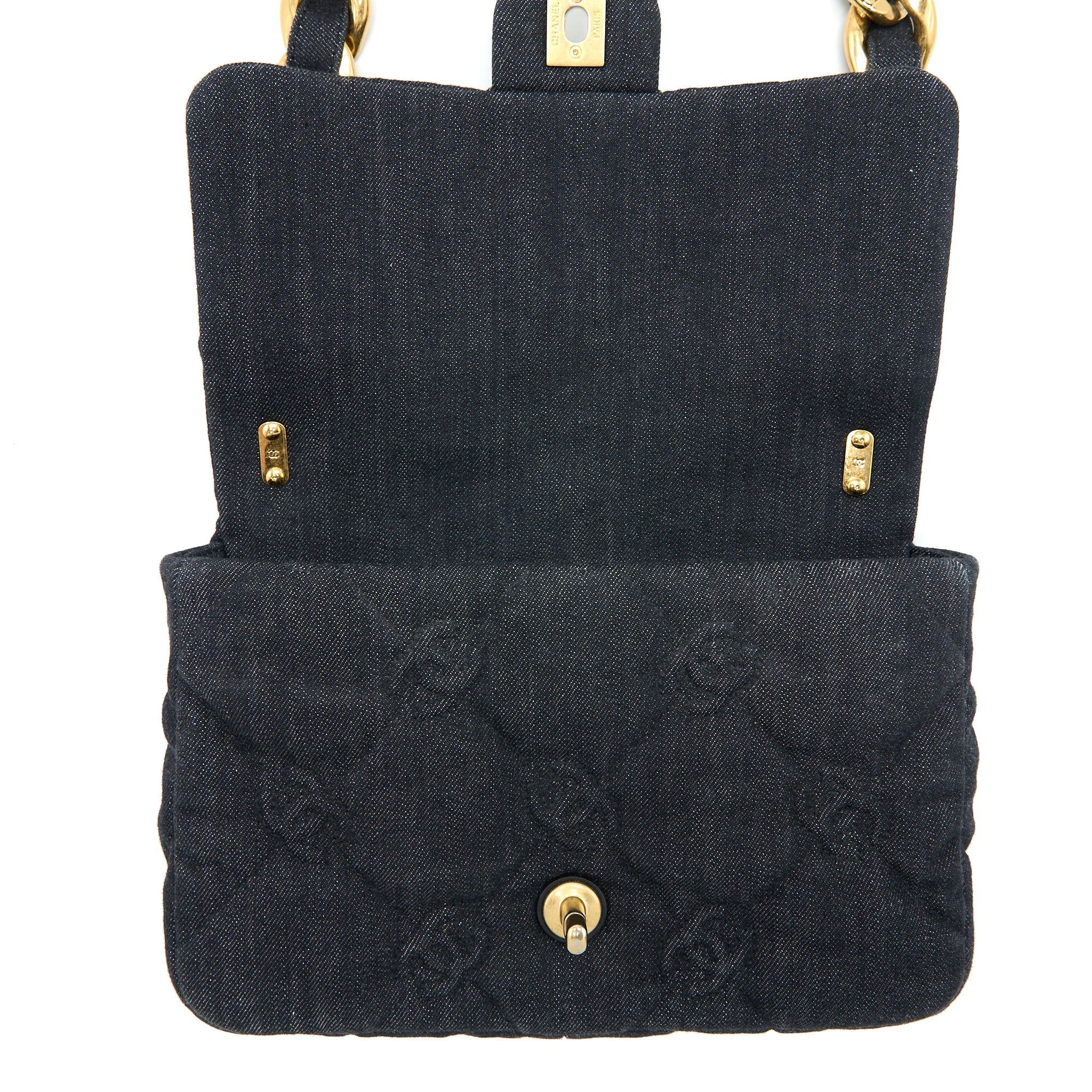 CHANEL FLAP SHOULDER BAG WITH GIANT CHAIN DENIM DARK BLUE BRUSHED GHW (MICROCHIP)