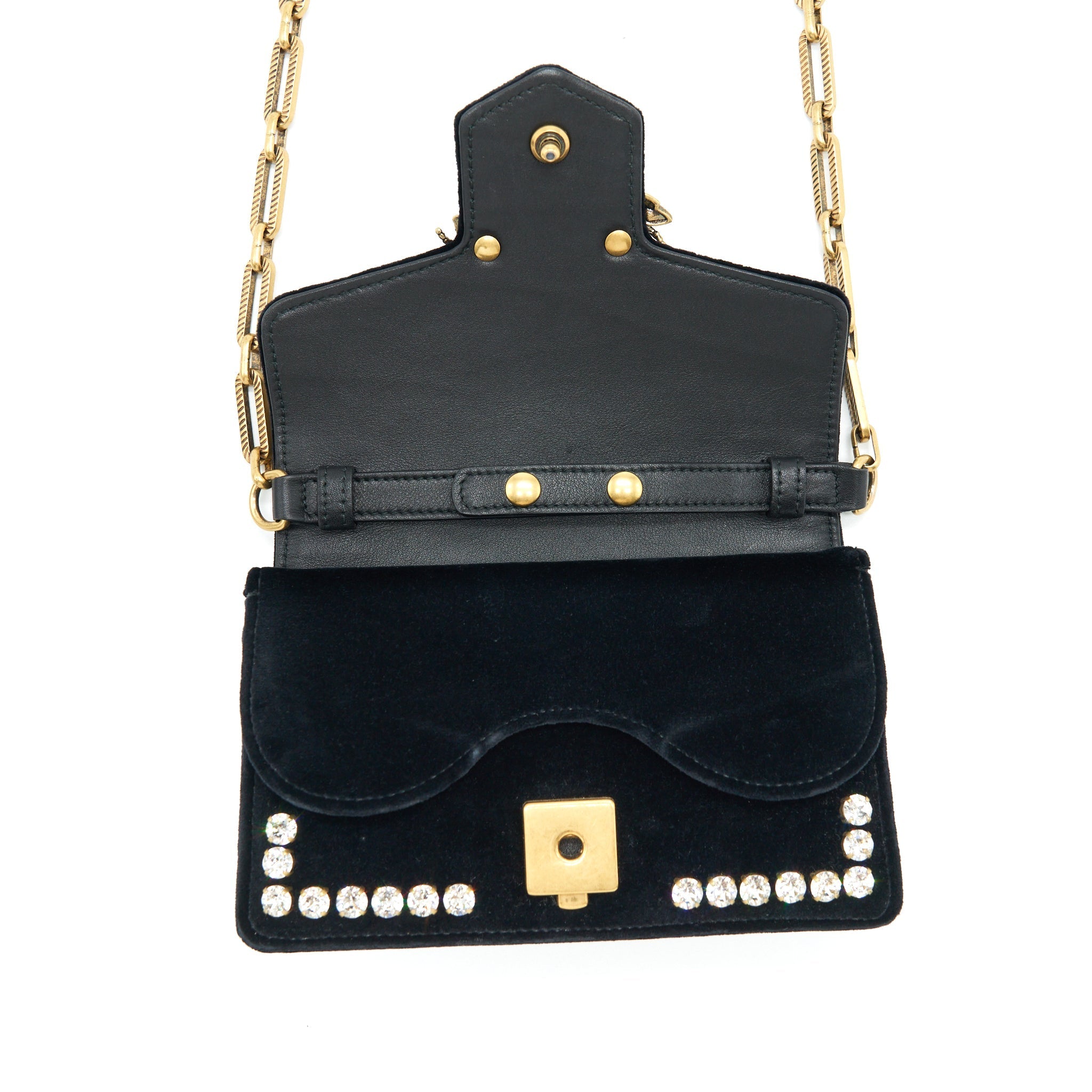 GUCCI MINI BROADWAY CROSSBODY BAG CRYSTAL VELVET BLACK RUTHENIUM GOLD HARDWARE