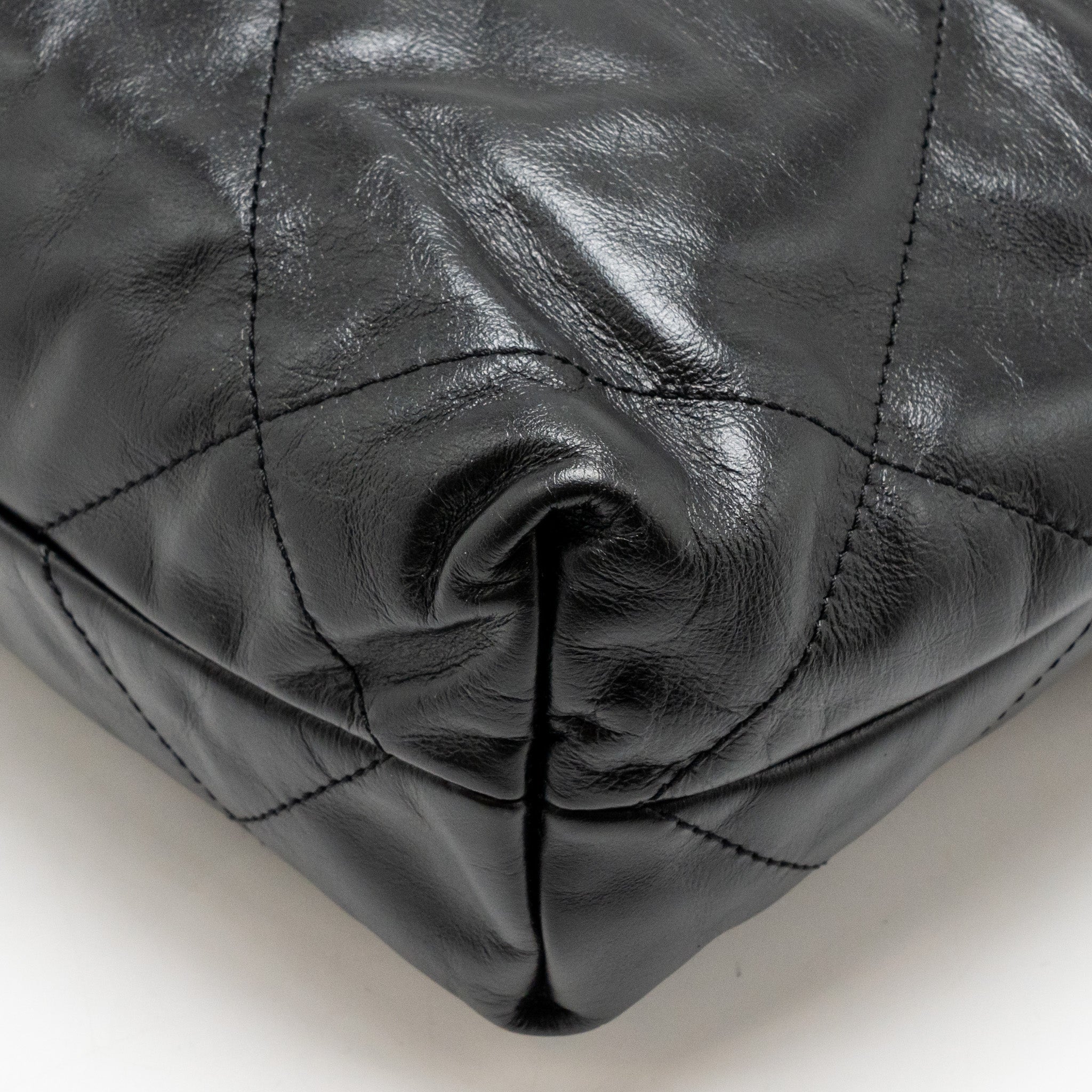 CHANEL SMALL 22 BAG GOLD LETTER CALFSKIN BLACK GHW (MICROCHIP)