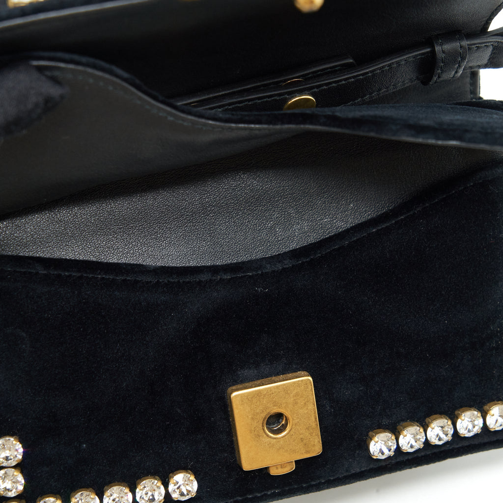 GUCCI MINI BROADWAY CROSSBODY BAG CRYSTAL VELVET BLACK RUTHENIUM GOLD HARDWARE
