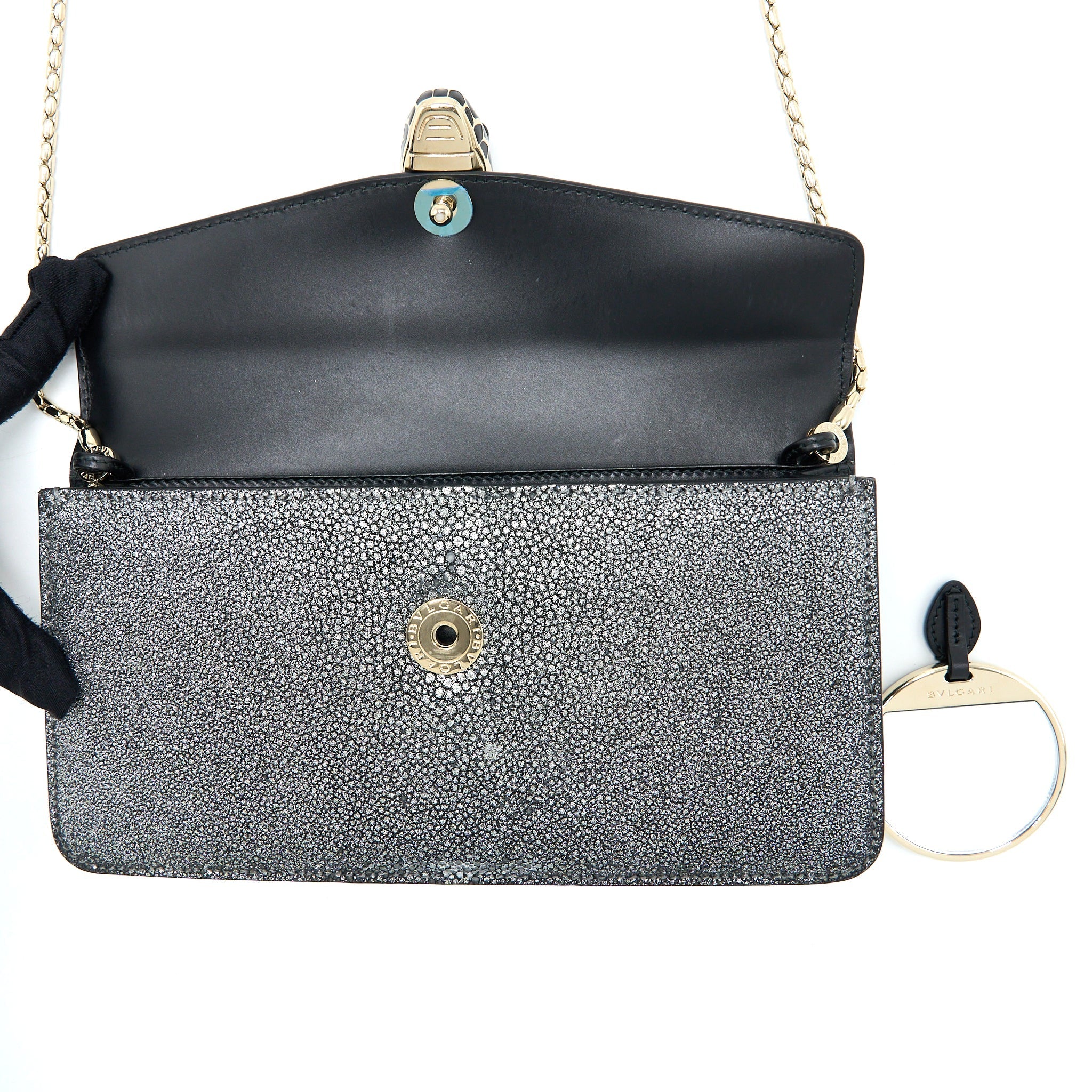 BVLGARI SERPENTI FOREVER CLUTCH WITH CHAIN STINGRAY LEATHER GREY LGHW