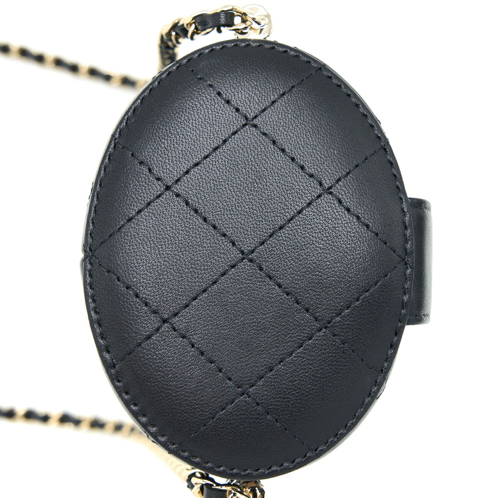 CHANEL ROUND VANITY CASE WITH CHAIN LAMBSKIN BLACK LGHW