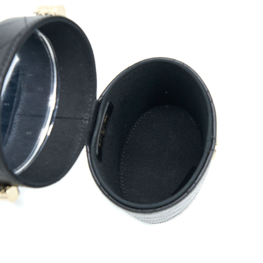 CHANEL ROUND VANITY CASE WITH CHAIN LAMBSKIN BLACK LGHW