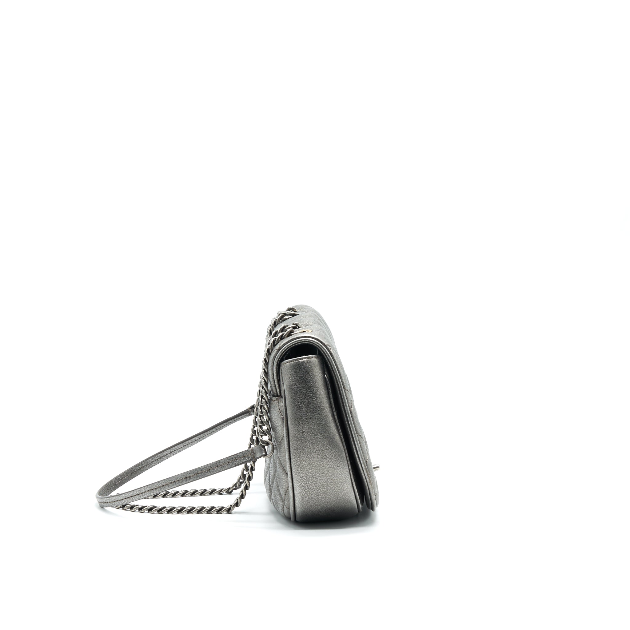 CHANEL CC LOGO QUILTED CALFSKIN FLAP BAG IN METALLIC DARK GREY