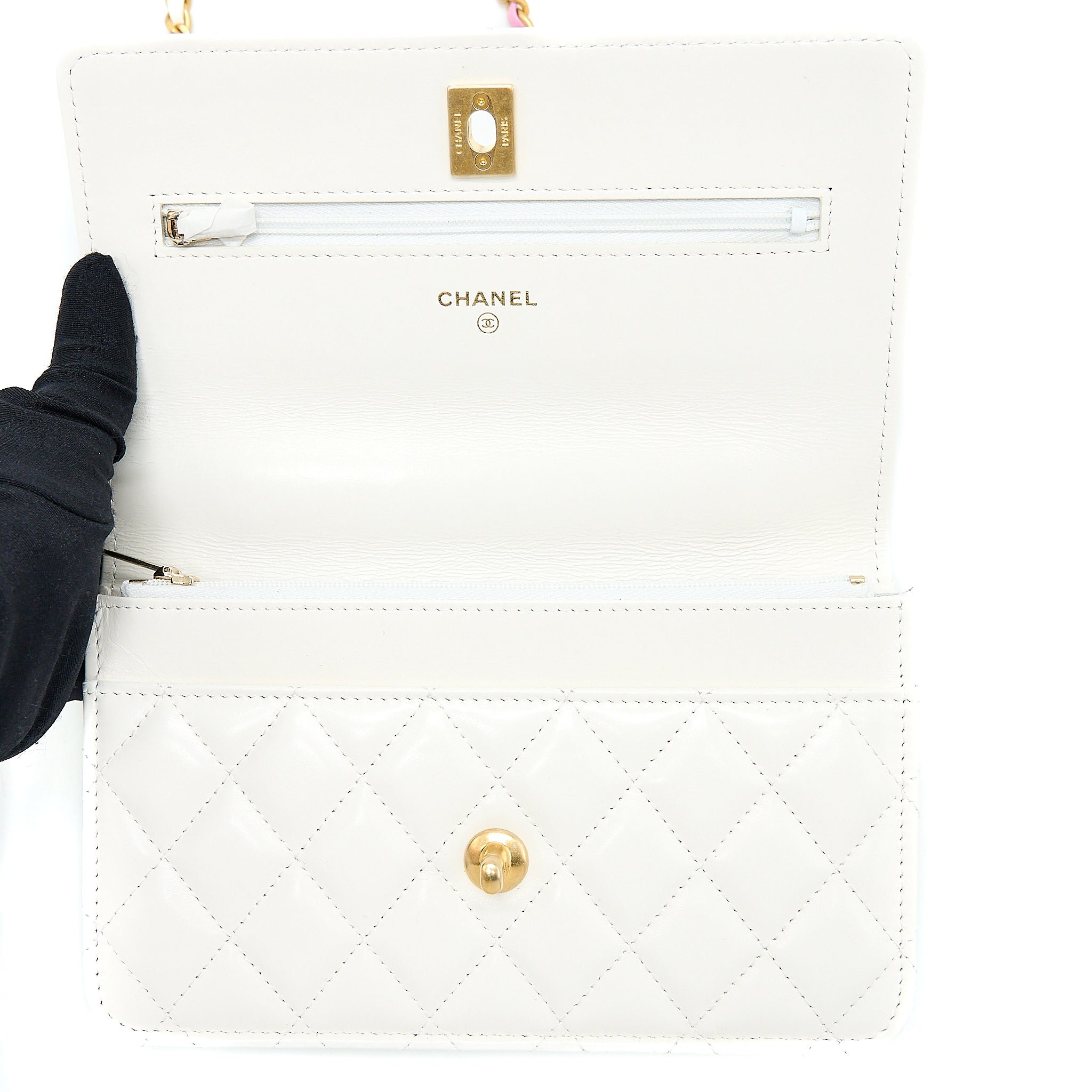 CHANEL 23P TOP HANDLE WALLET ON CHAIN CALFSKIN WHITE/MULTICOLOUR BRUSHED GHW (MICROCHIP)