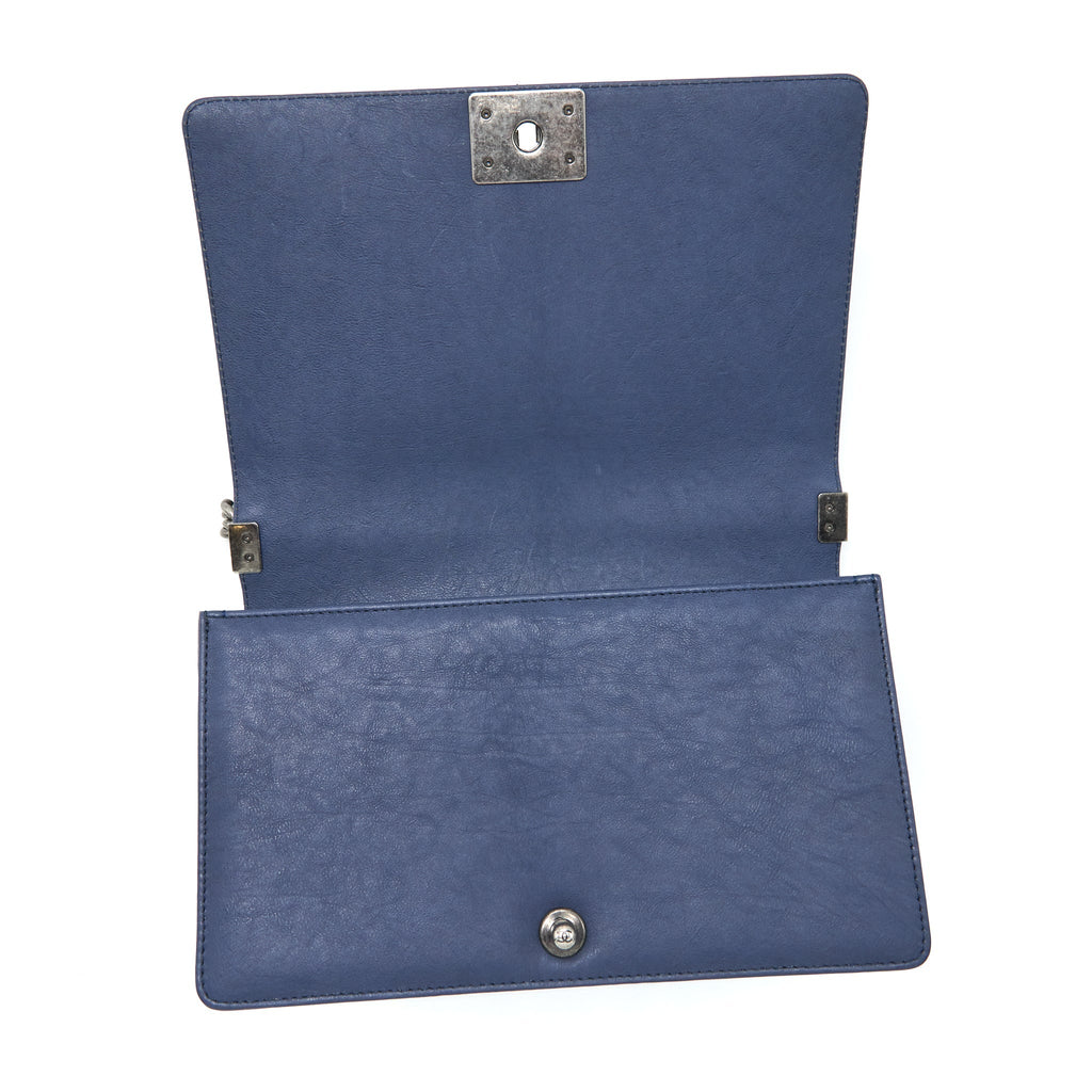 CHANEL BOY BAG WITH TOP HANDLE NAVY RUTHENIUM SLIVER HARDWARE