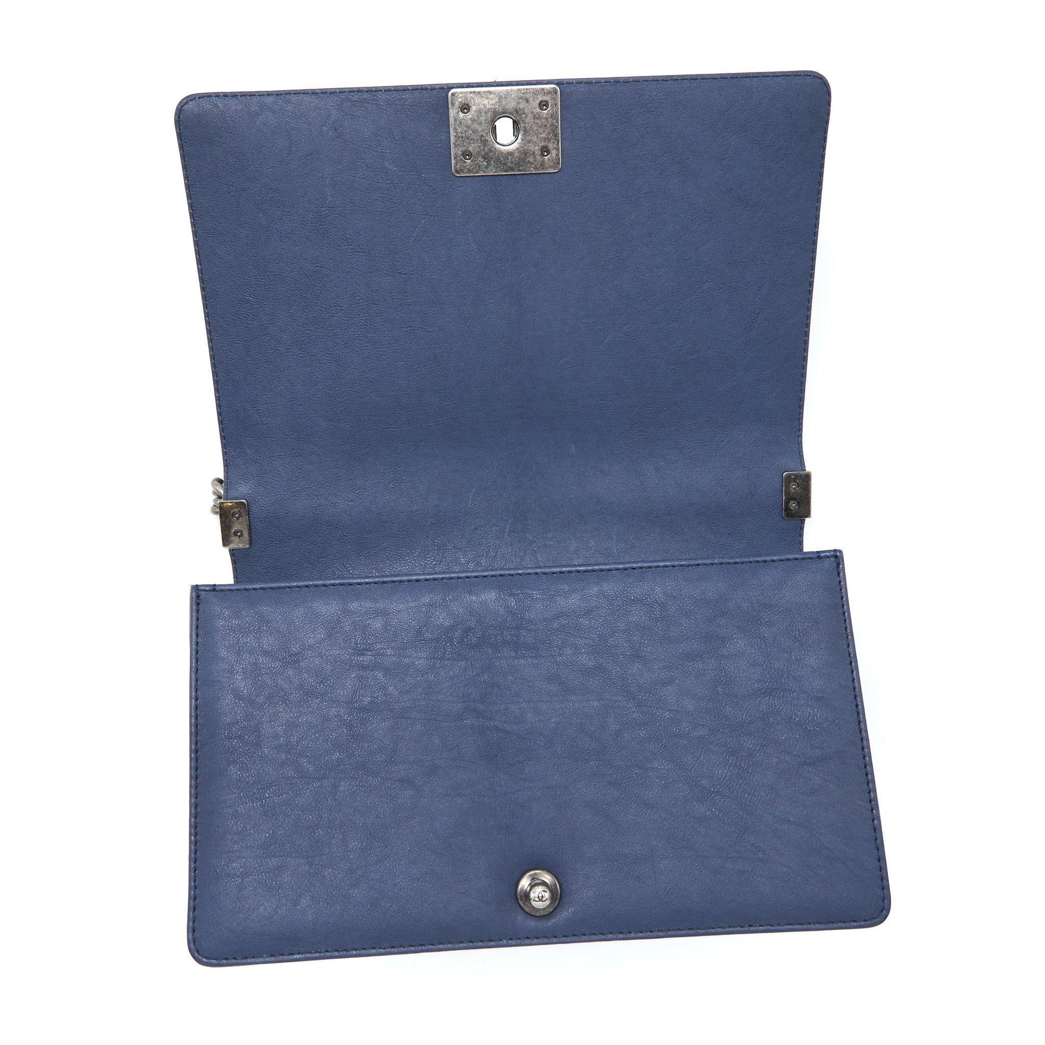 CHANEL BOY BAG WITH TOP HANDLE NAVY RUTHENIUM SLIVER HARDWARE