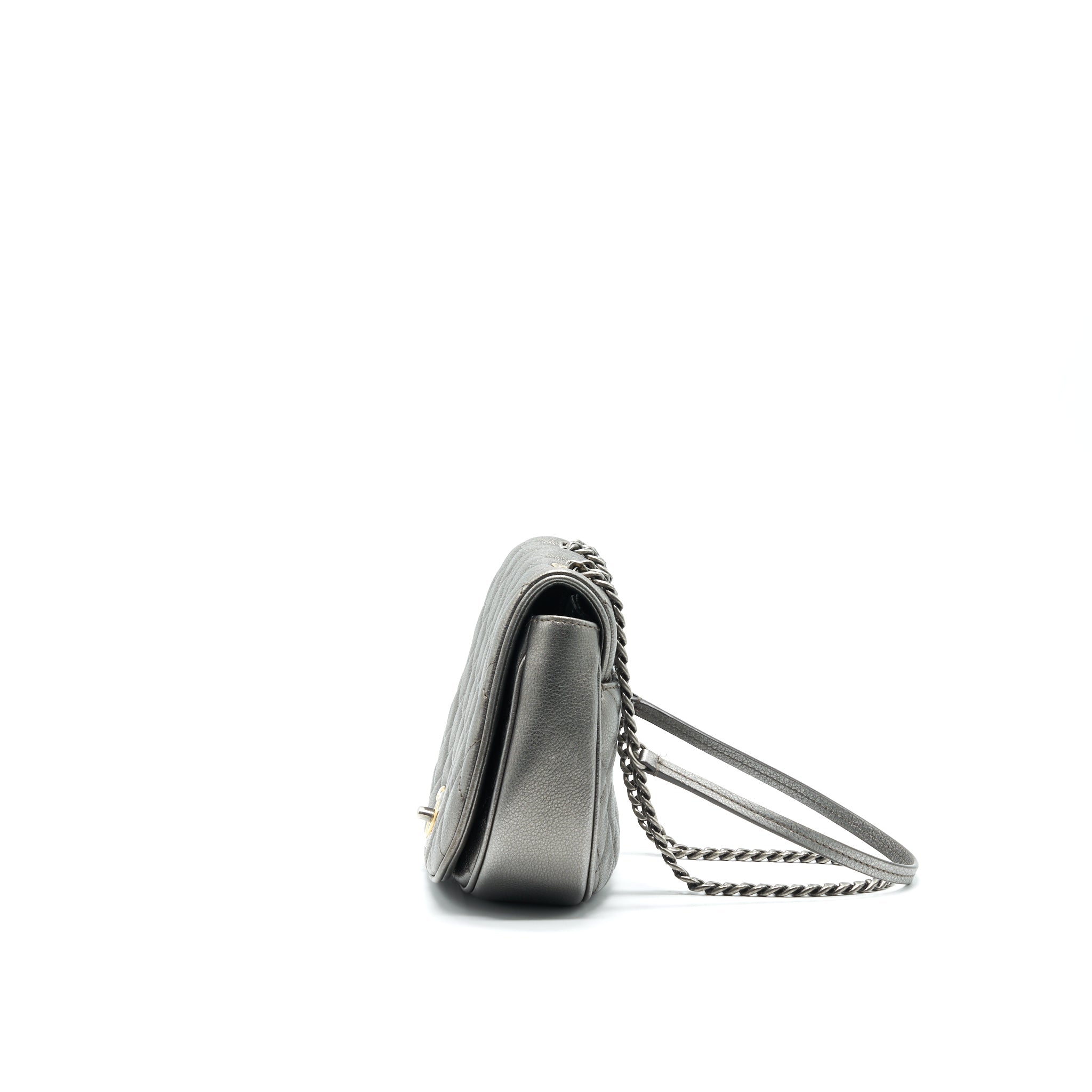 CHANEL CC LOGO QUILTED CALFSKIN FLAP BAG IN METALLIC DARK GREY
