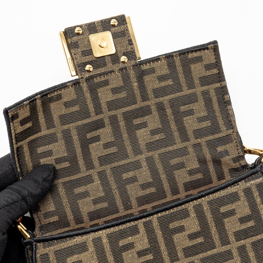 FENDI MINI BAGUETTE SHOULDER BAG FF JACQUARD CANVAS BROWN GHW