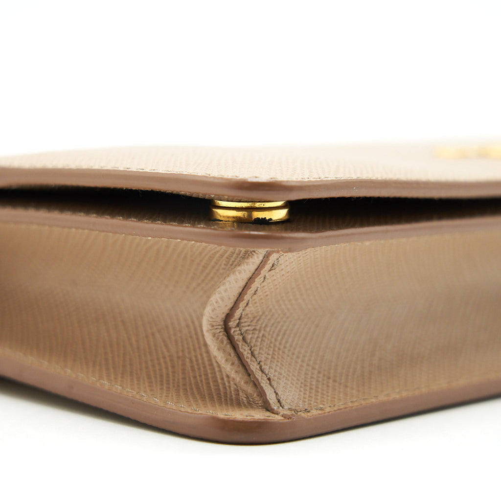 PRADA GIADA SAFFIANO LEATHER WALLET ON CHAIN BEIGE