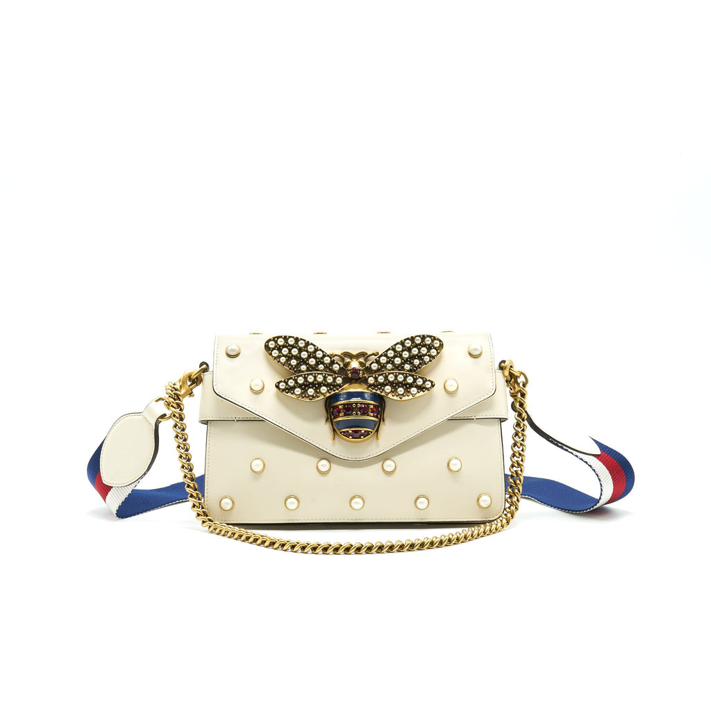 GUCCI EMBELLISHED BROADWAY BEE BAG WHITE
