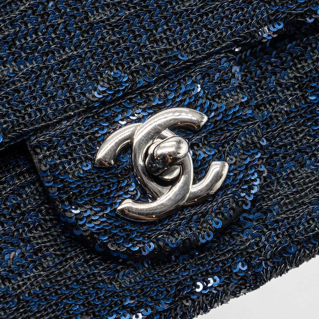 CHANEL SUPER MINI FLAP BAG SEQUIN DARK BLUE / BLACK SHW