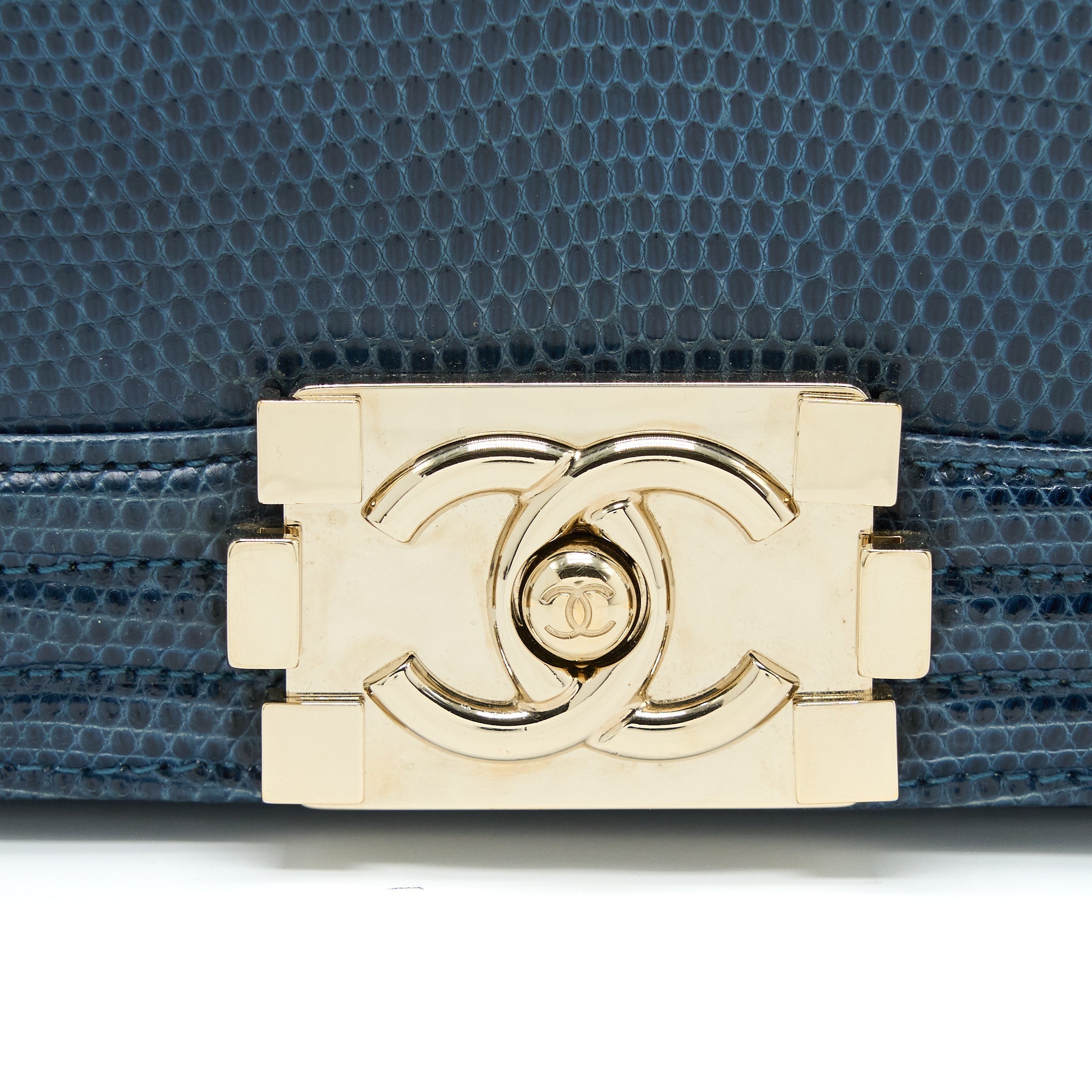 CHANEL SMALL BOY BAG LIZARD DARK BLUE LGHW
