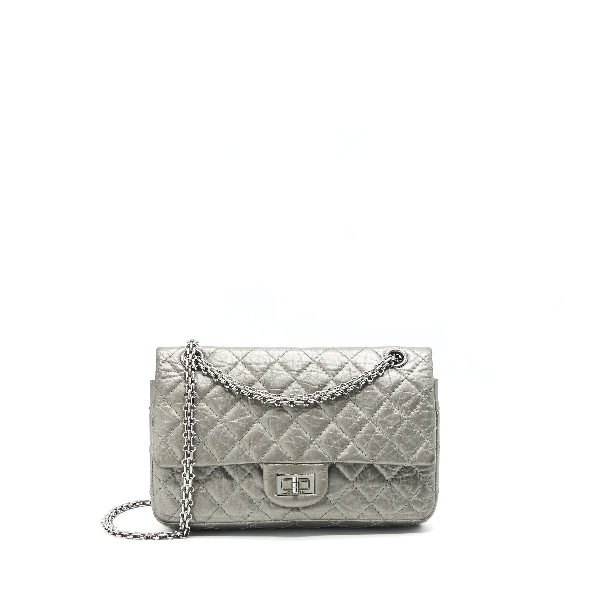 CHANEL SMALL REISSUE 2.55 225 DOUBLE FLAP BAG SILVER GREY