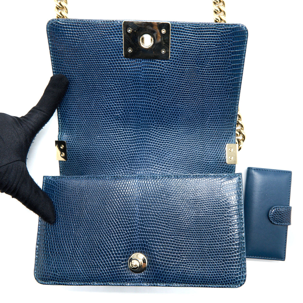 CHANEL SMALL BOY BAG LIZARD DARK BLUE LGHW