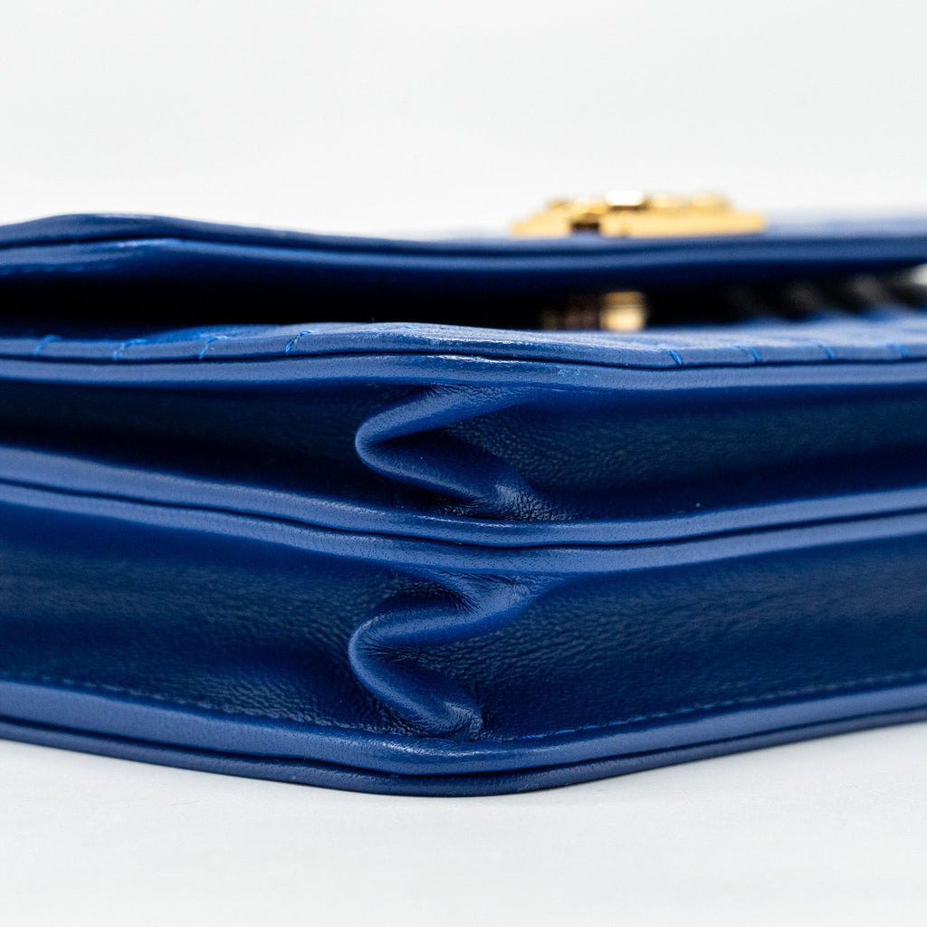 CHANEL BOY CLUTCH WITH CHAIN  CHERVON LAMBSKIN BLUE GHW