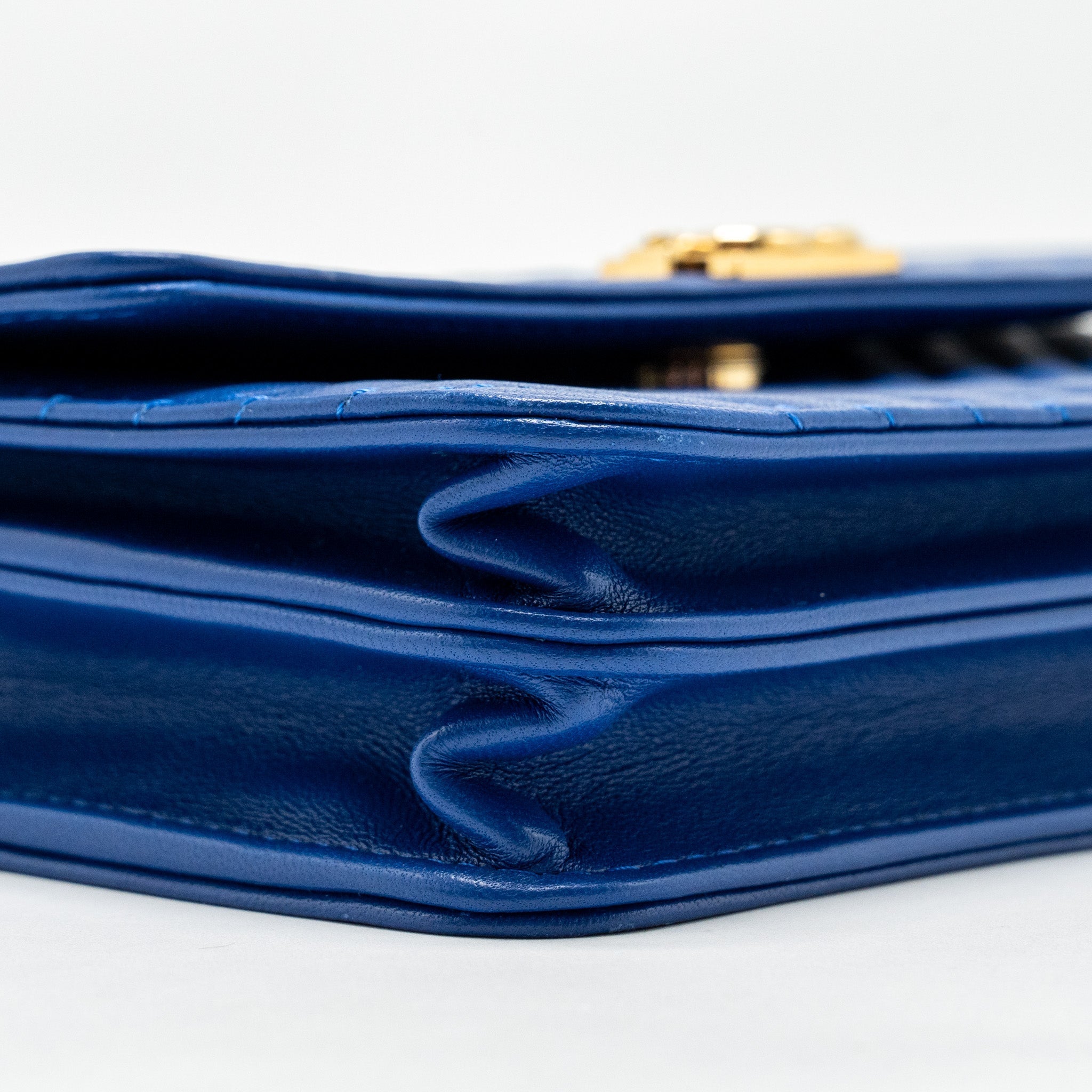 CHANEL BOY CLUTCH WITH CHAIN  CHERVON LAMBSKIN BLUE GHW